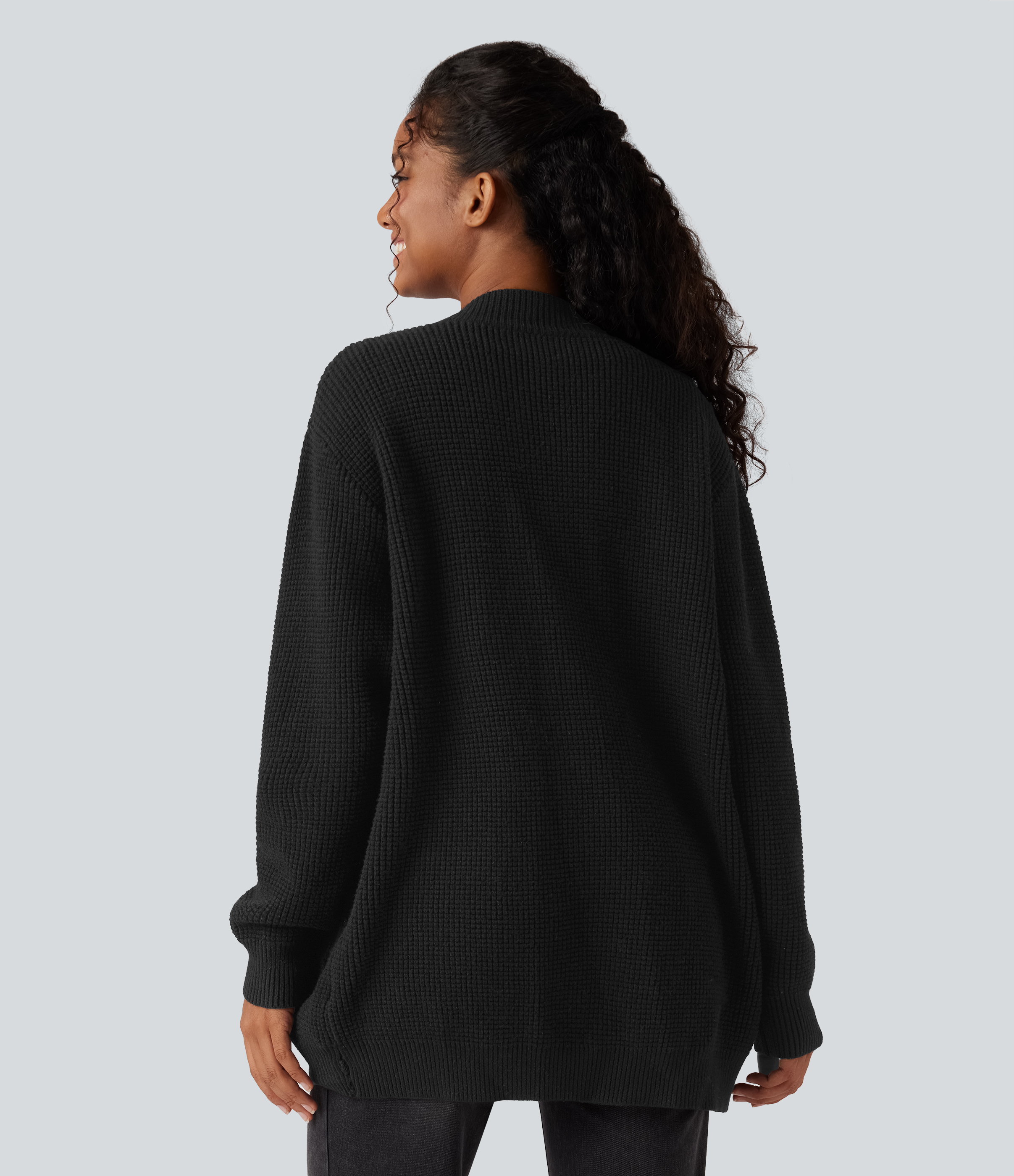 Noir Cardigan décontracté ouvert à manches longues avec poches / 2
