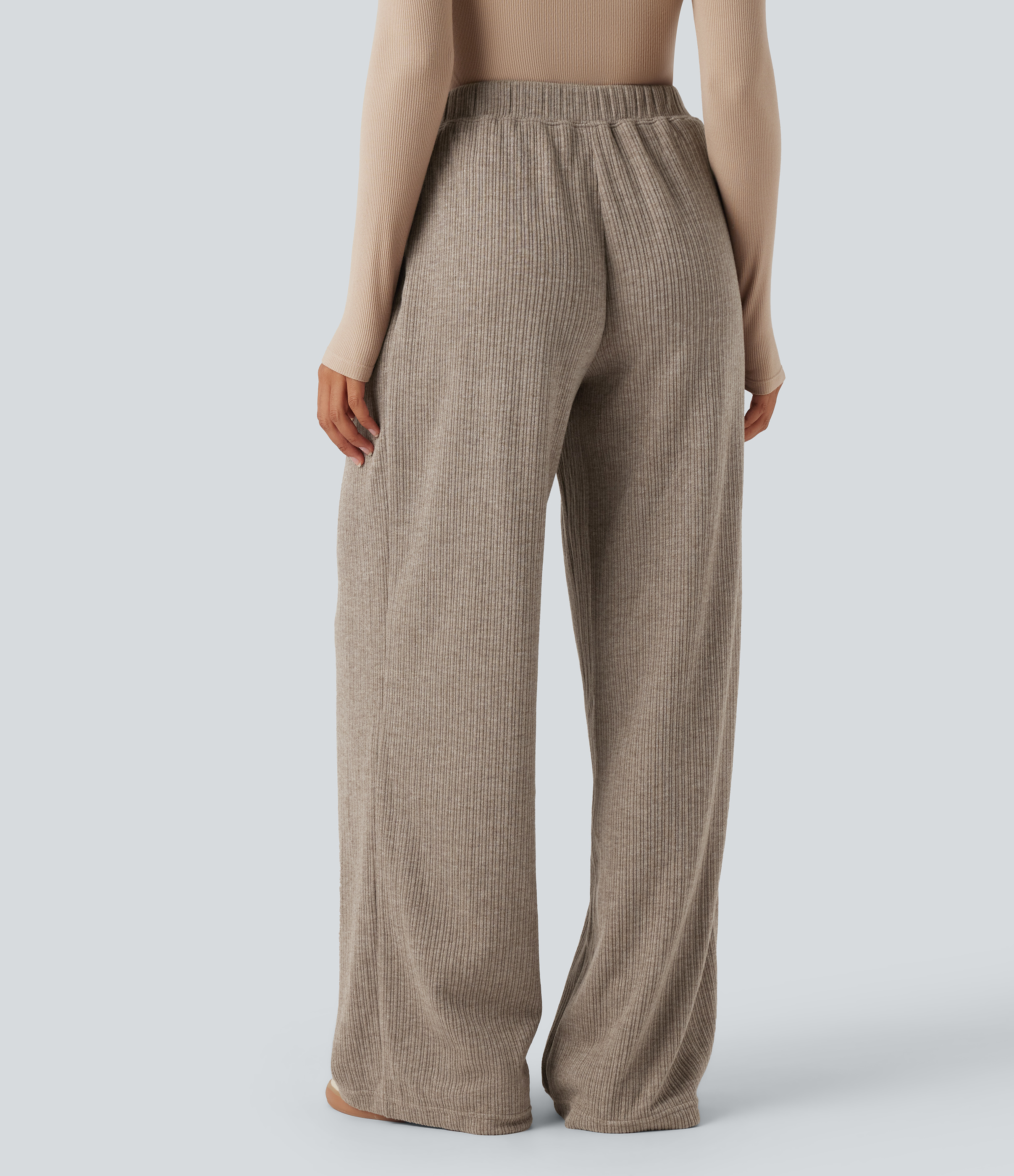 Mocha Meringue Pantalon décontracté côtelé taille haute à effet croisé, coupe droite, avec poches / 2