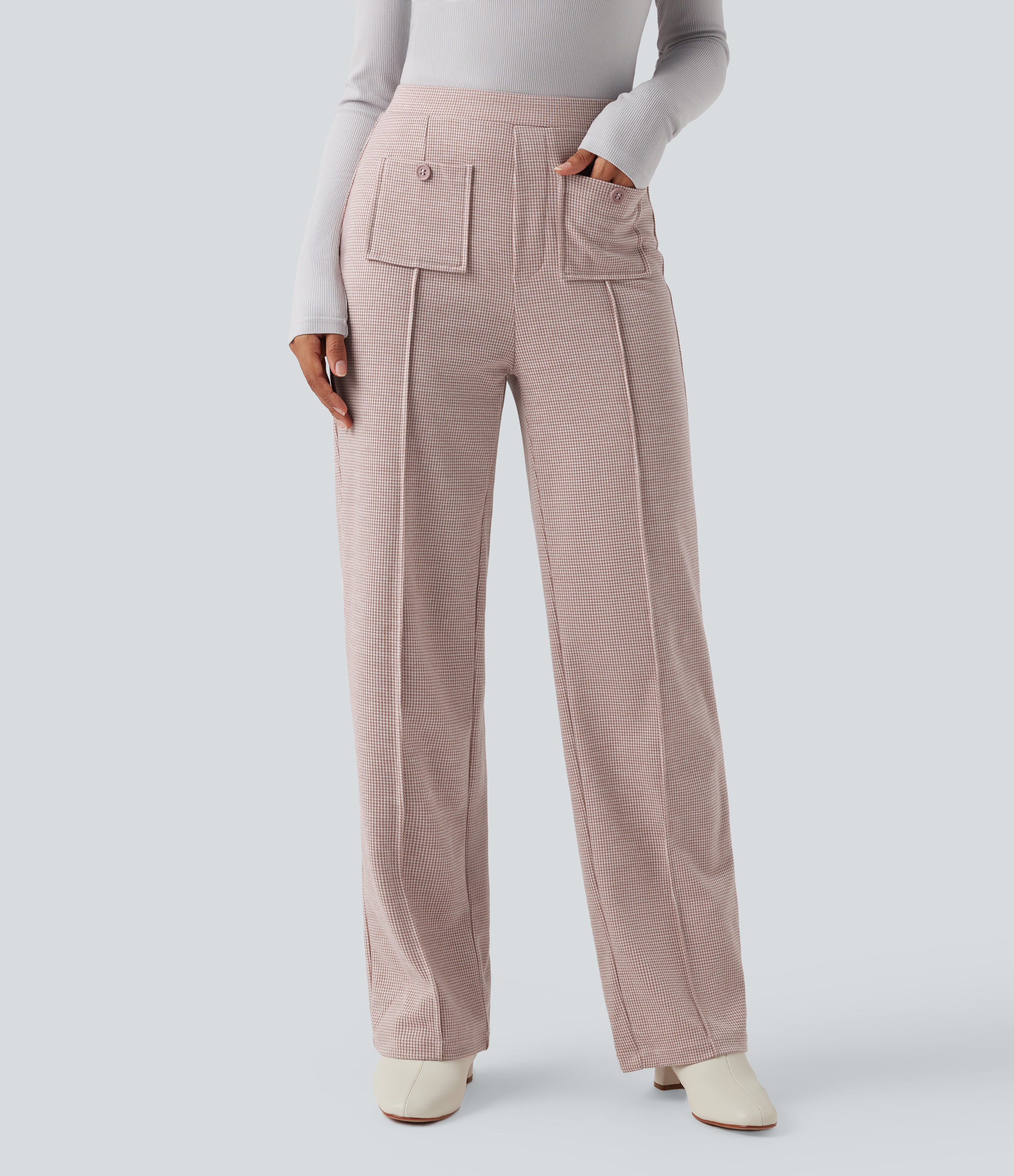 Halara Flex™ - Stoffhose mit hohem Bund, Seitentaschen, Karomuster und geradem Bein