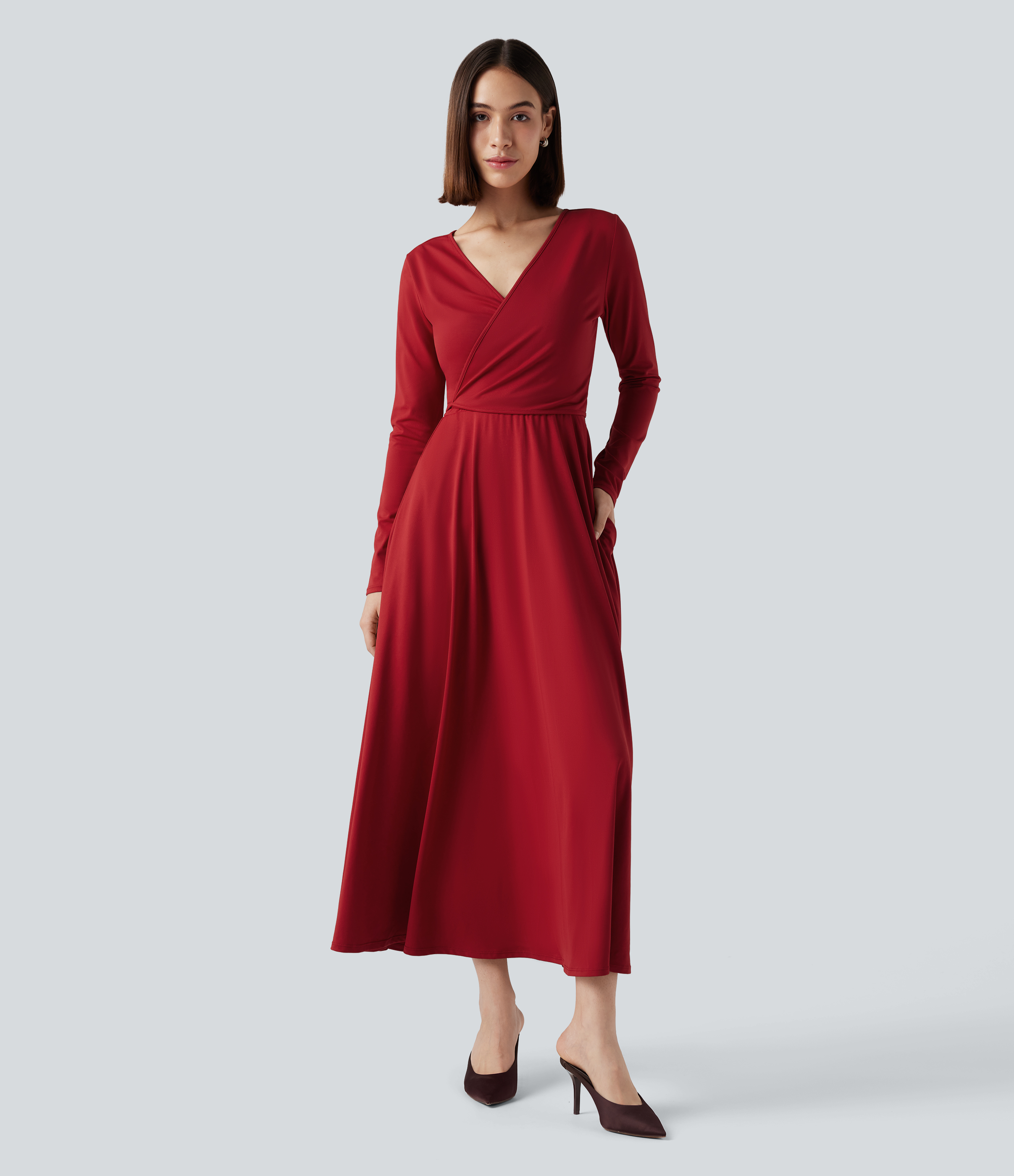 Long Sleeve Wrapped Tie Back 2-Piece Midi Dress with Pockets