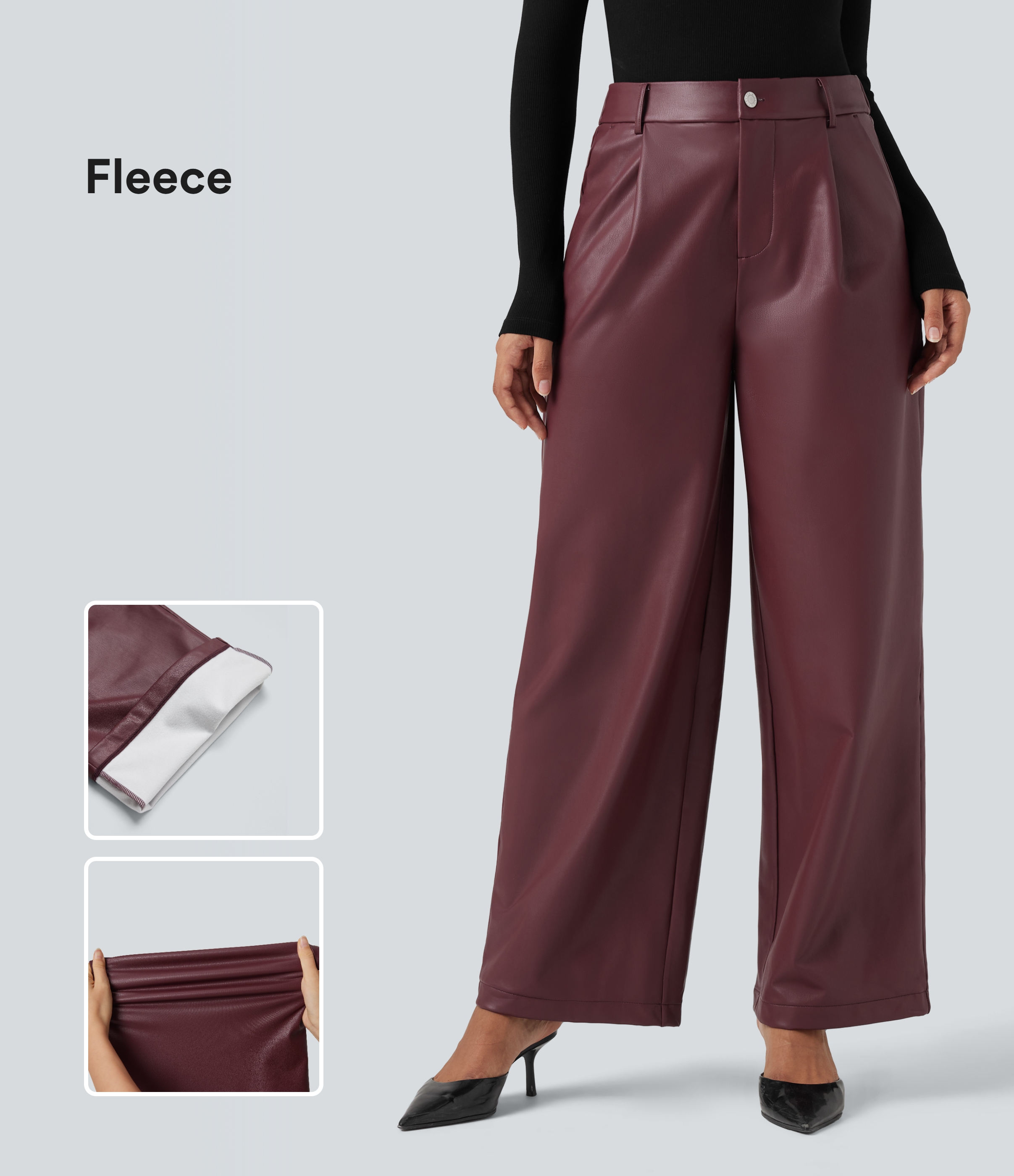Red Mahogany Lässige Fleecehose aus PU-Leder mit hohem Bund, Seitentaschen und weitem Bein / 1
