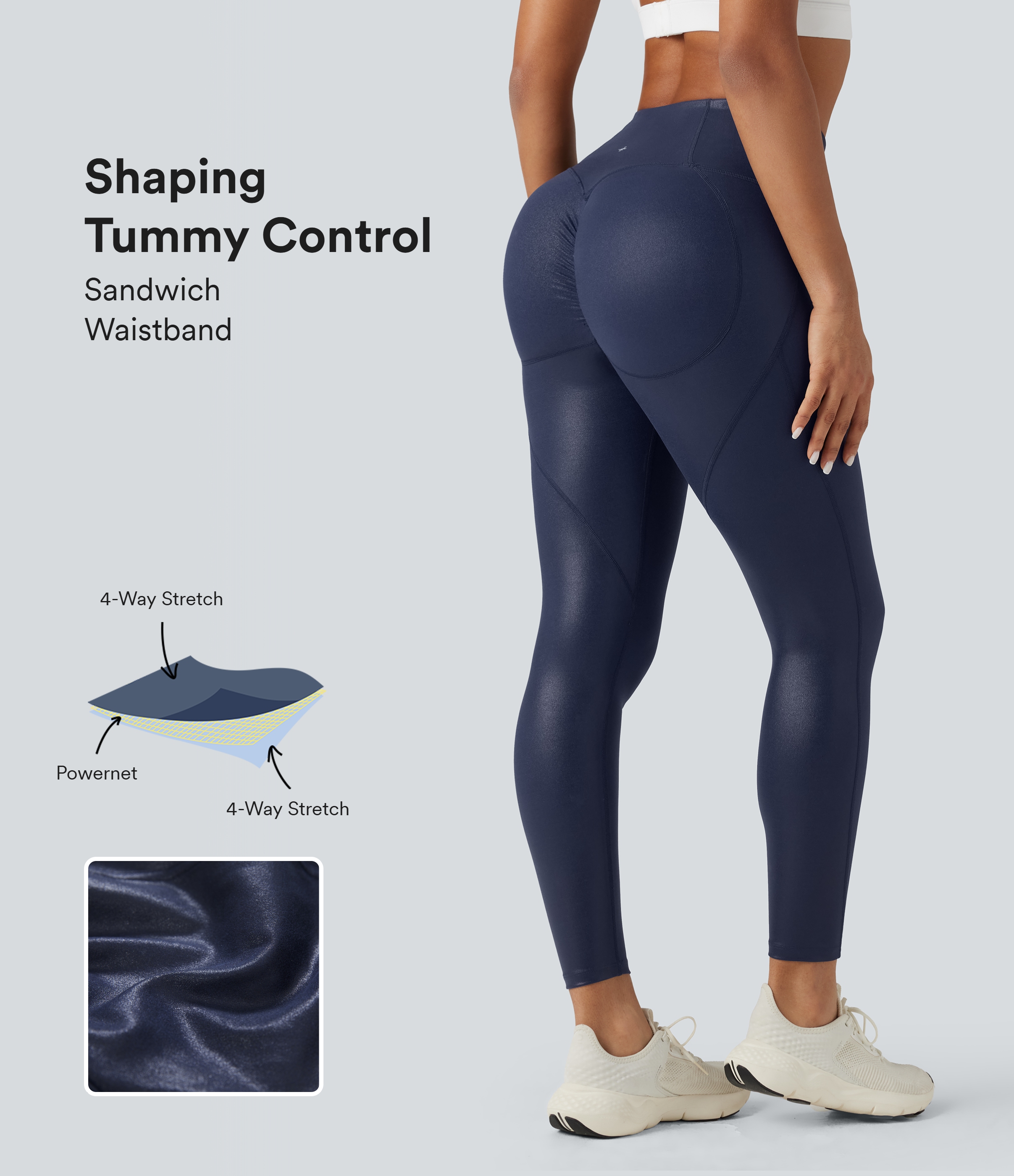 Faux Leather Shine High-waisted Tummy Control Scrunch Training 7/8 Leggings with Pocket