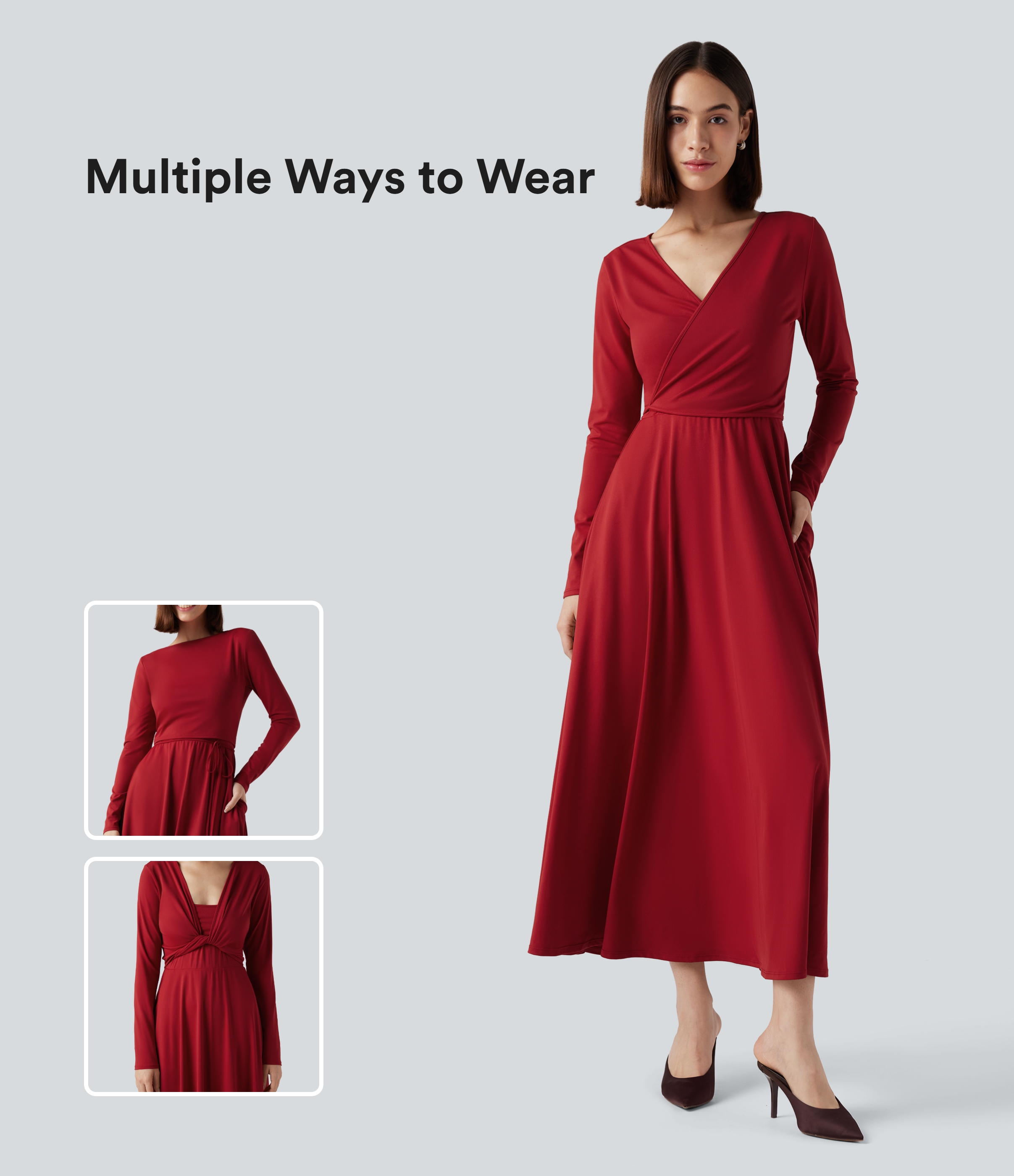 Robe mi-longue deux pièces à manches longues effet cache-cœur avec nœud au dos et poches