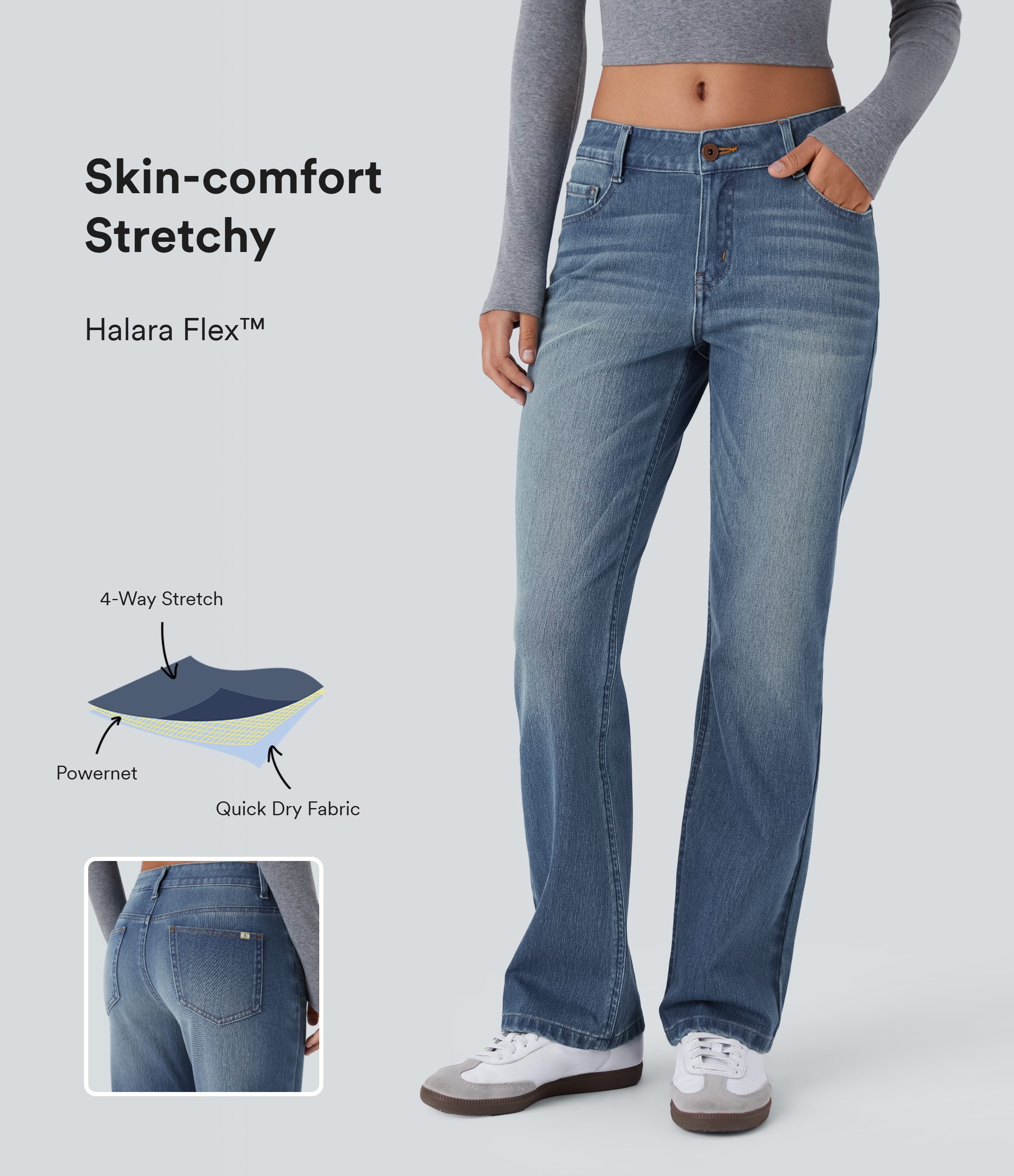 Halara Flex™ Lässige verwaschene Bootcut-Jeans aus elastischem Strick-Denim mit niedrigem Bund, Knopf, Reißverschluss und mehreren Taschen