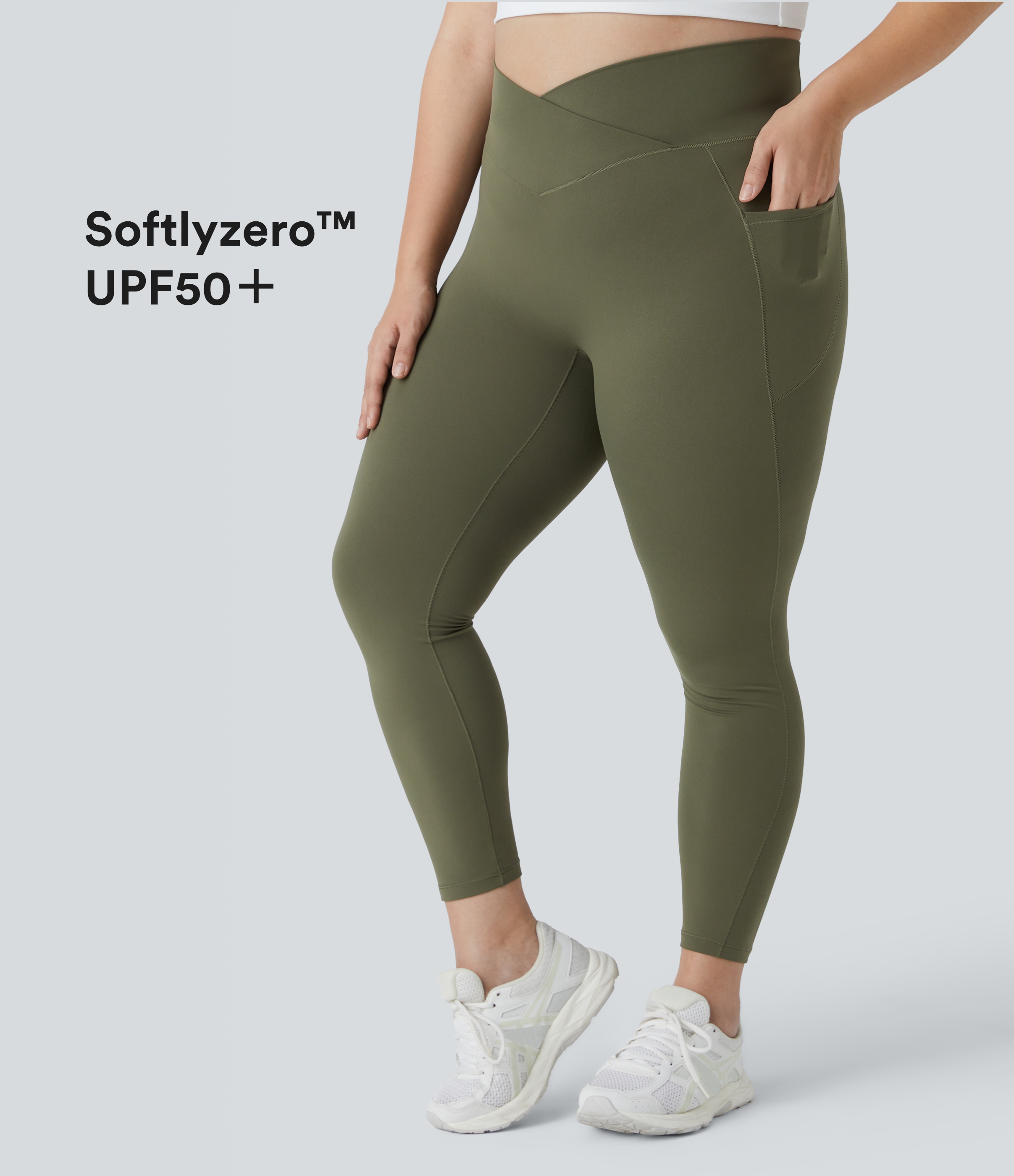 SoftlyZero™ High Waisted Crossover Pocket Plain Plus Size Full Length Leggings-UPF50+
