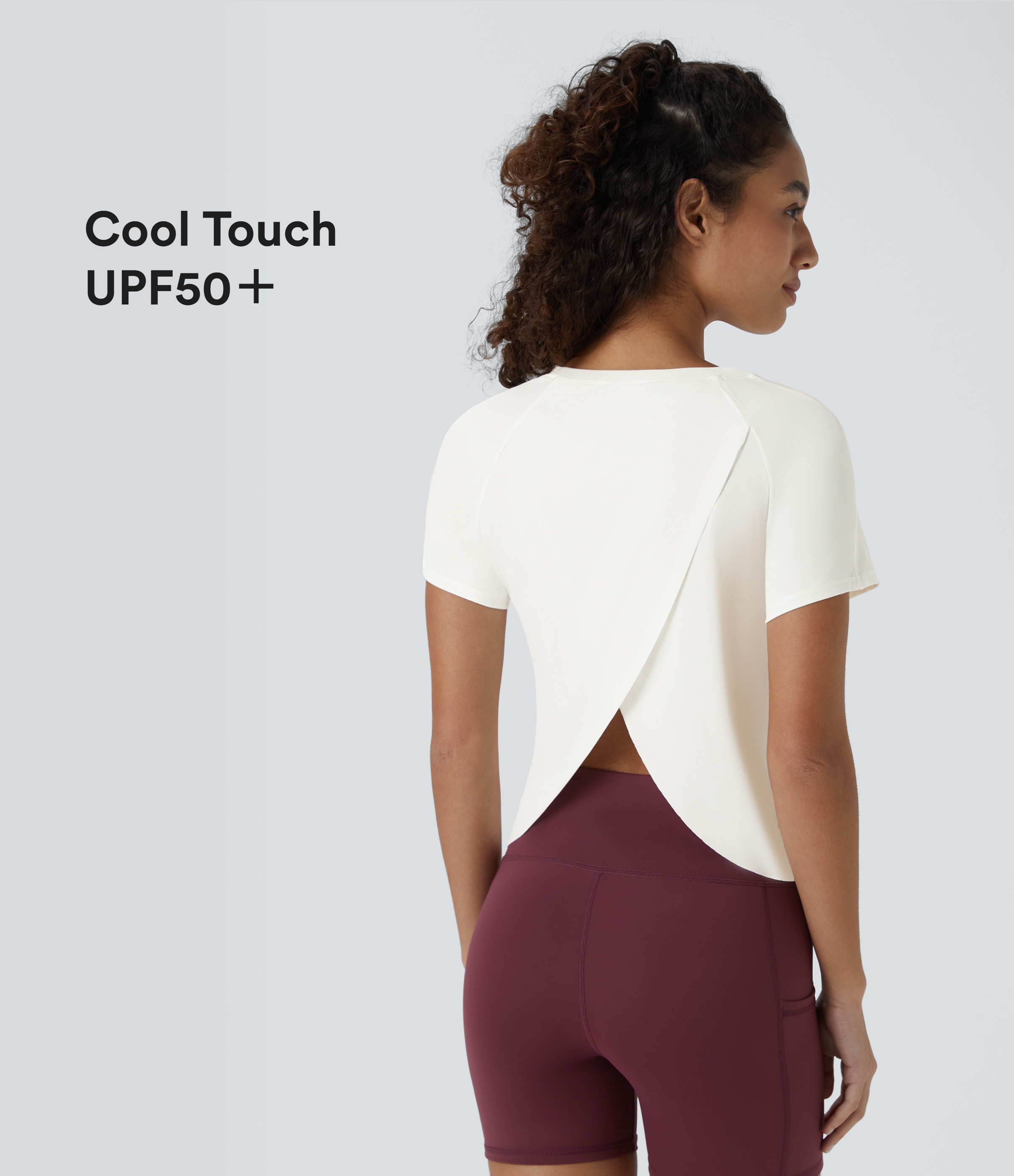 Contrast Mesh Split Hem Short Sleeve Cool Touch Yoga Sports Top-UPF50+