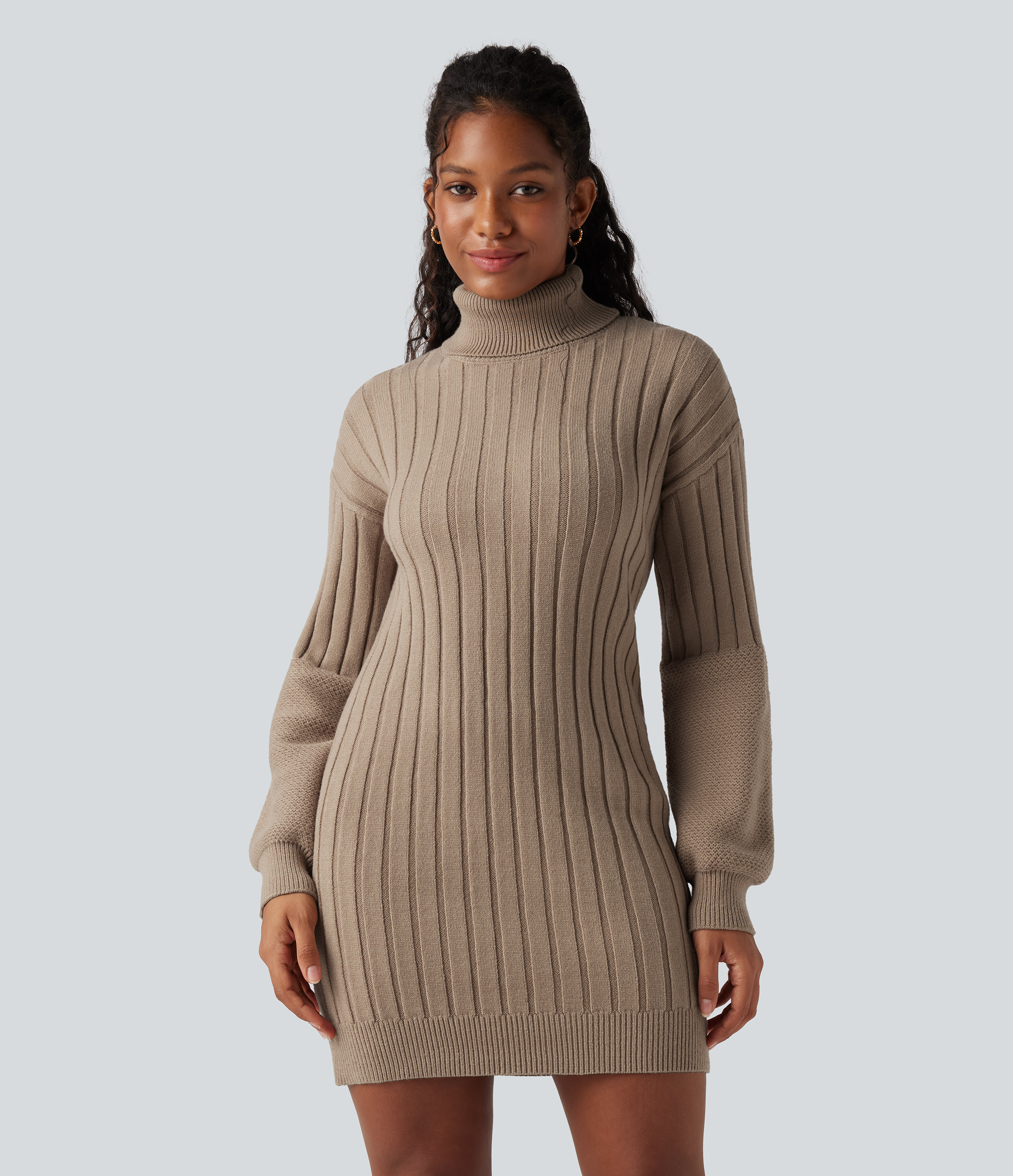 Halara High-neck Long Sleeve Bodycon Mini Work Sweater Dress - Nomad - L