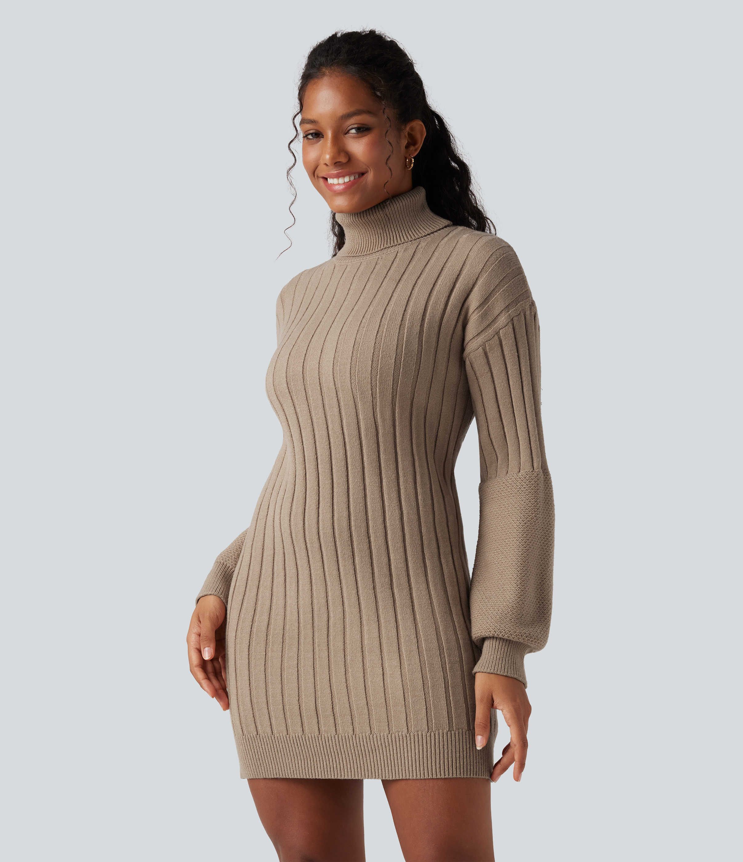 High-neck Long Sleeve Bodycon Mini Work Sweater Dress