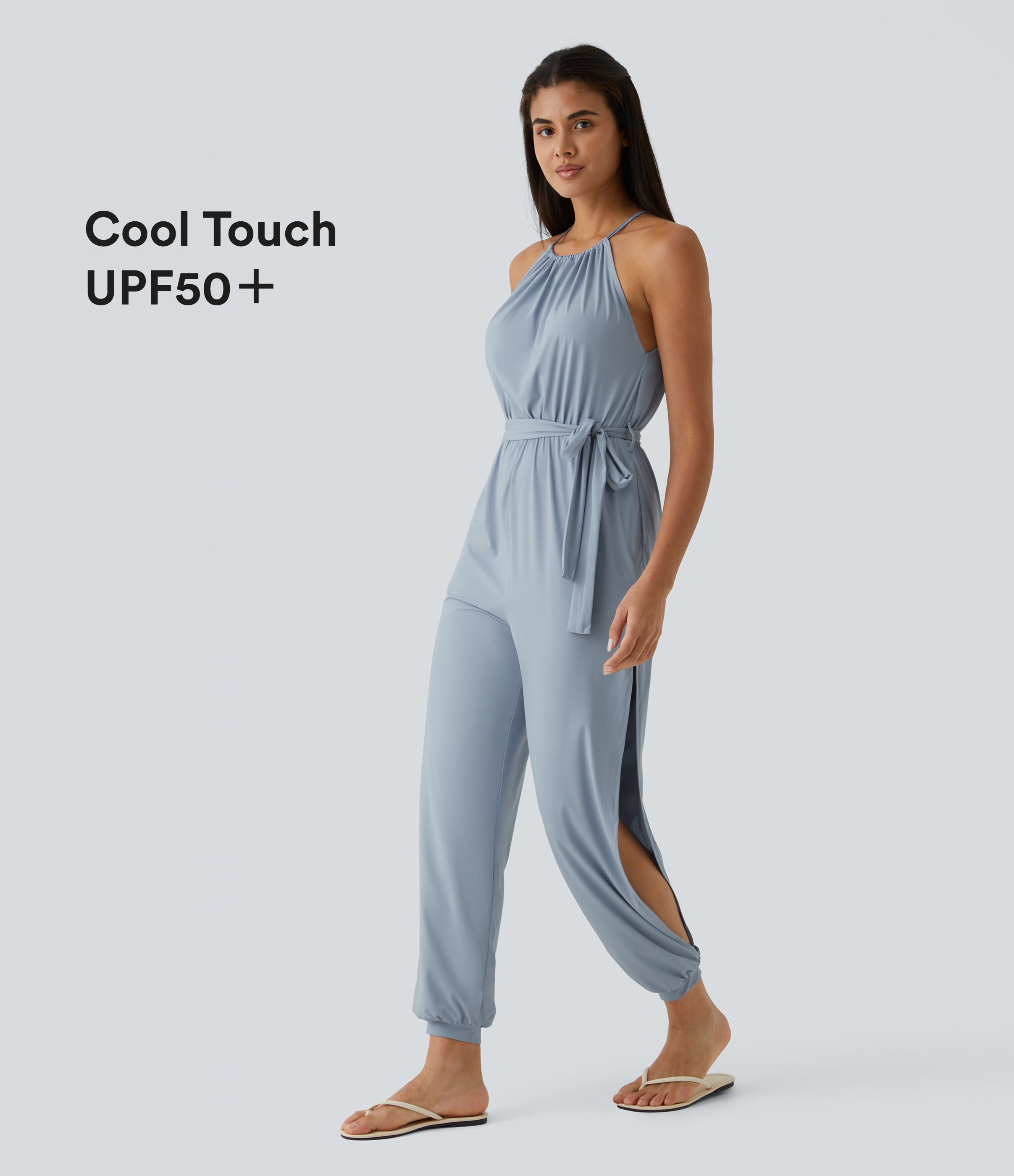 Blue Fog Sleeveless Tie Back Belted Pocket Cut Out InstantCool Jumpsuit-UPF50+ / 1