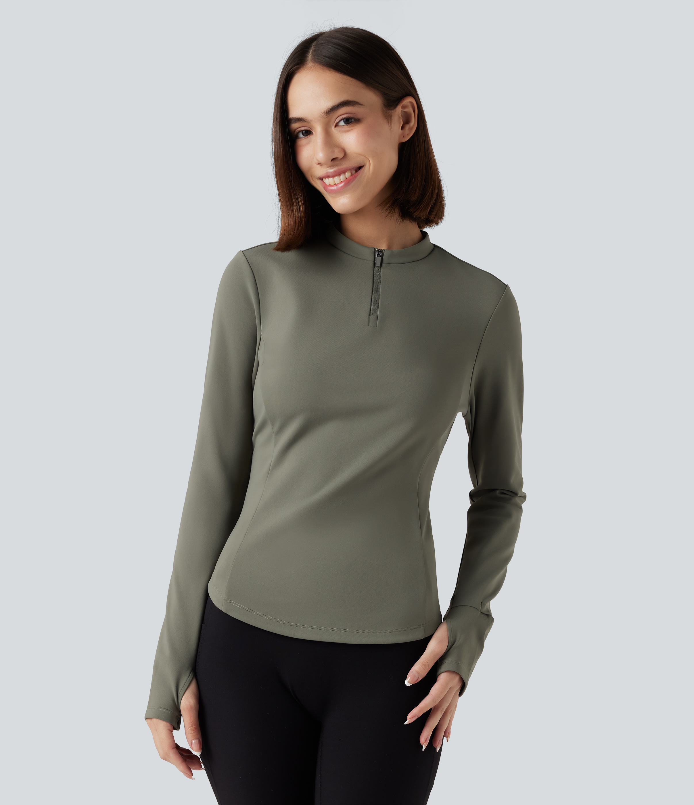 Stand Collar Half Zip Long Sleeve Thumb Holes Fleece Yoga Sports Top