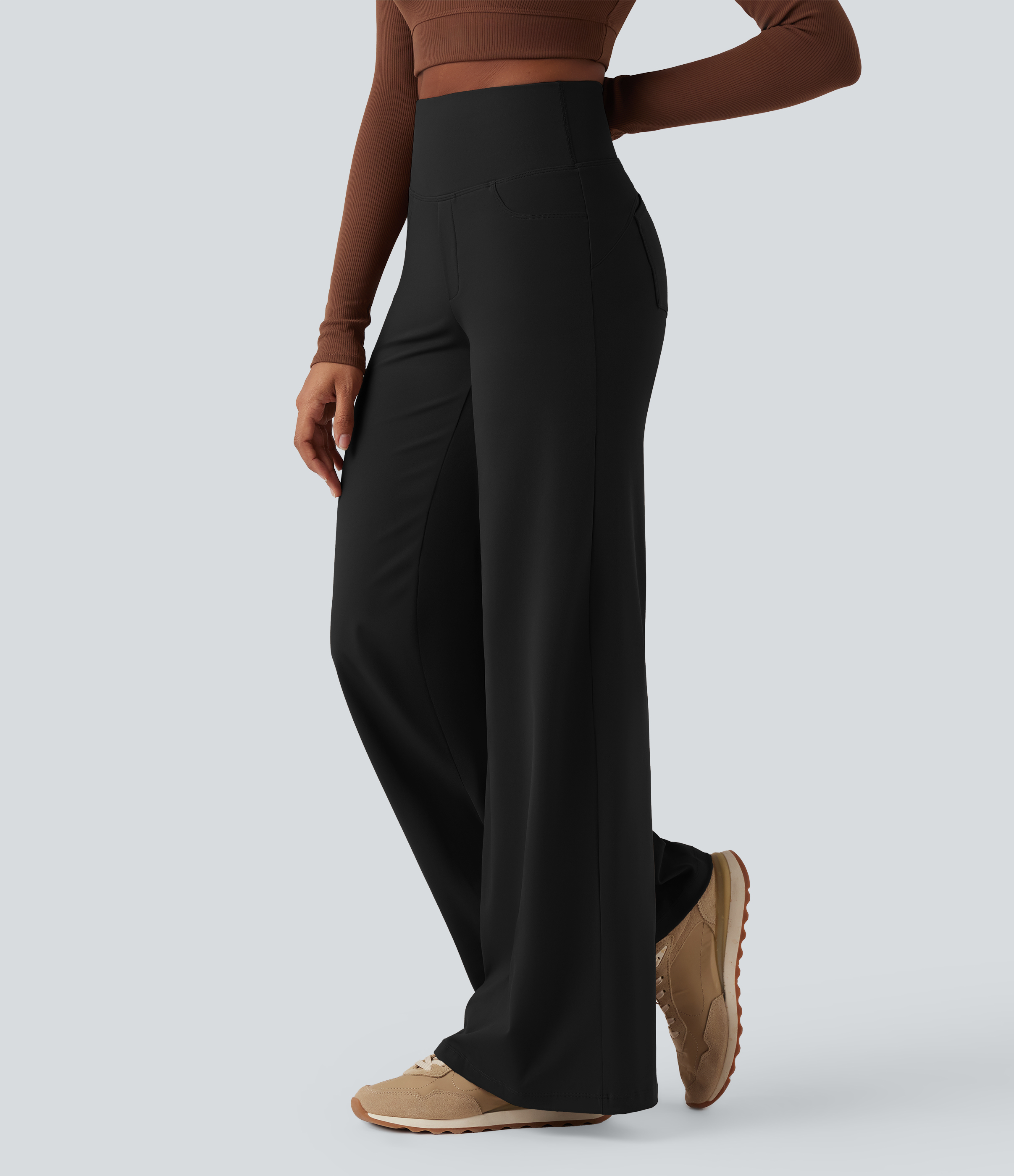 Pantalon de yoga gainant ample, taille haute, avec poches