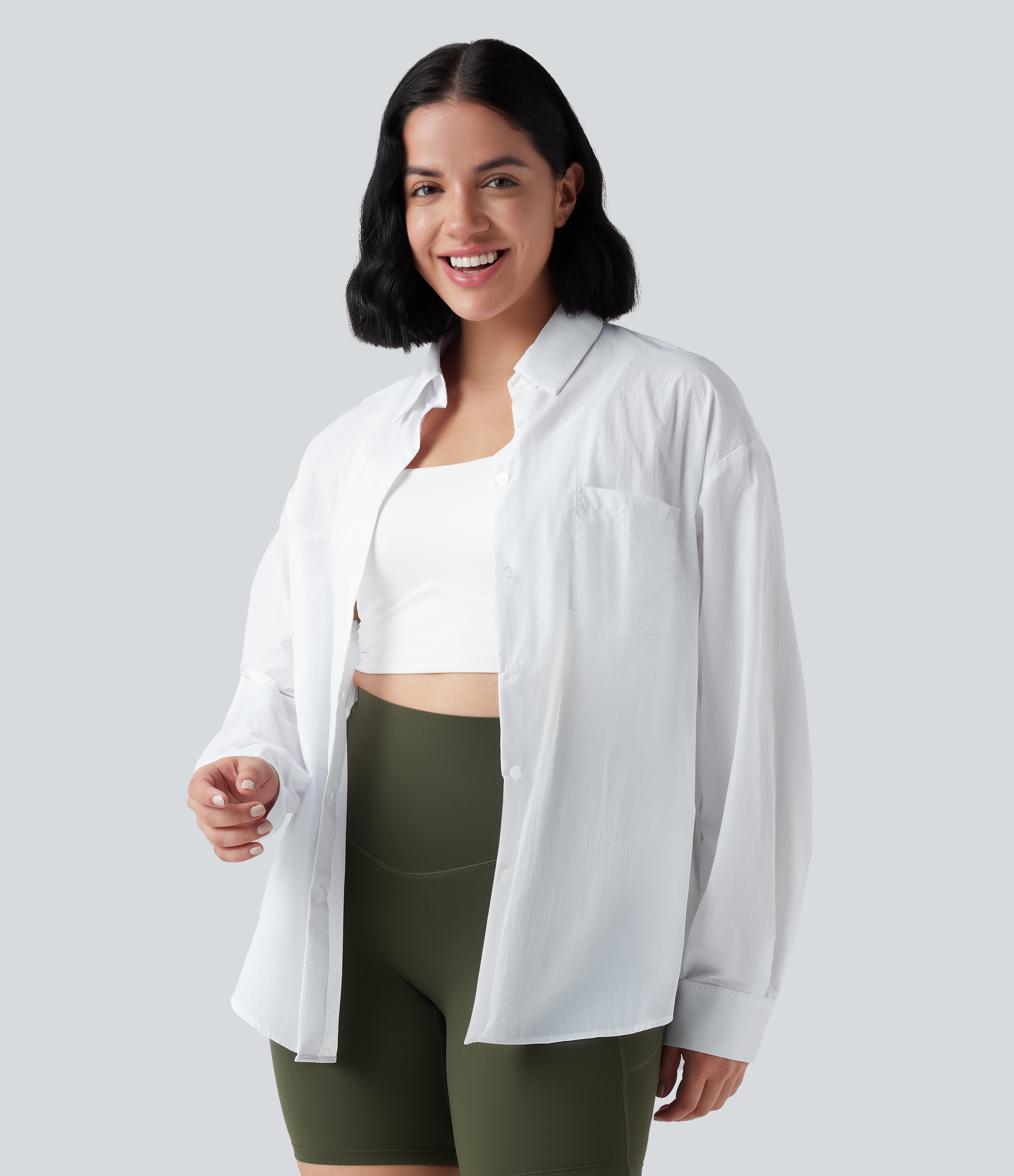 White Collar Long Sleeve Curved Hem Hiking Shirt with Pocket-UPF40+ / 2