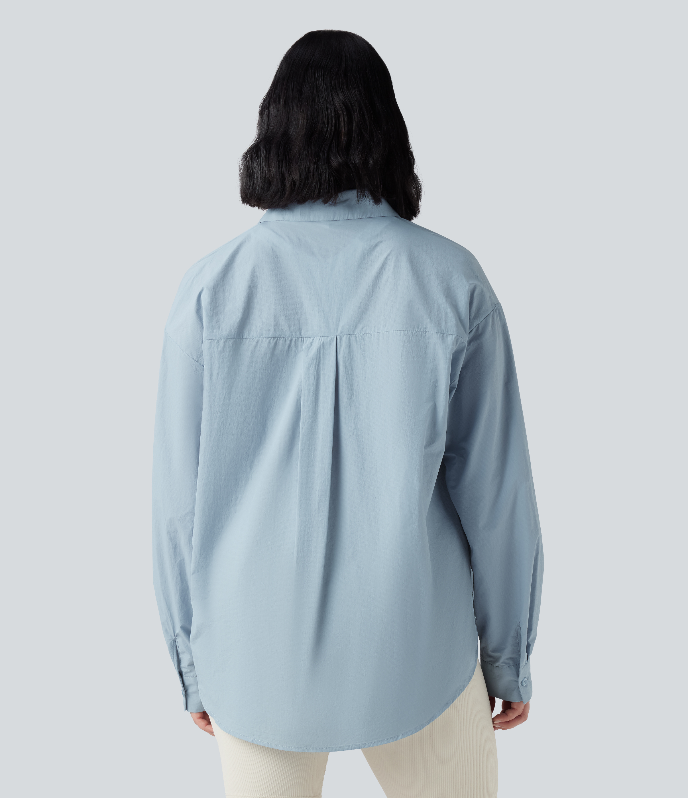 Baby Blue Collar Long Sleeve Curved Hem Hiking Shirt with Pocket-UPF40+ / 2