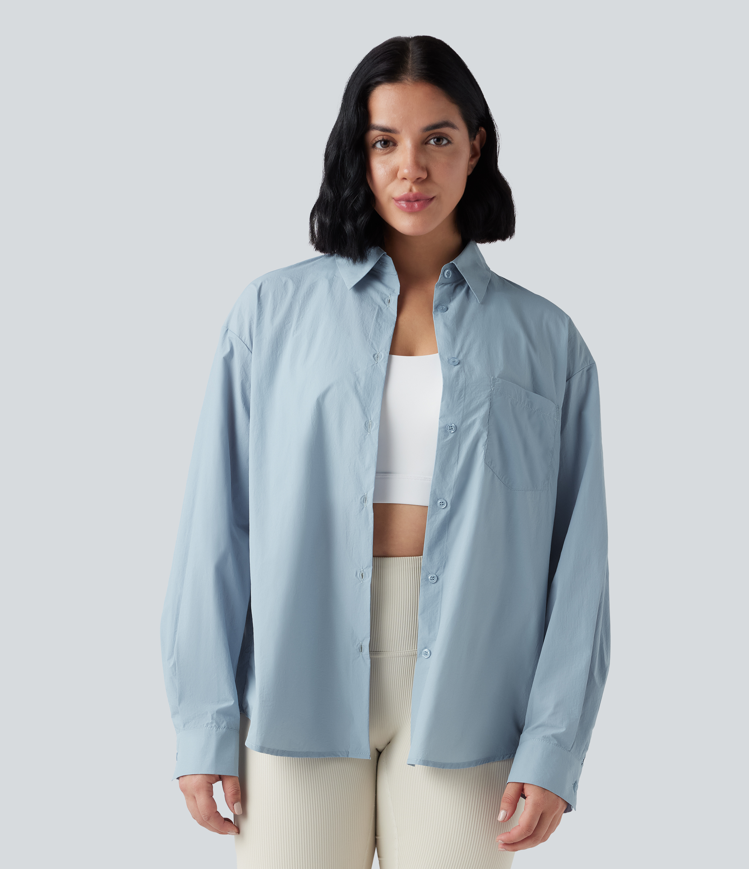 Baby Blue Collar Long Sleeve Curved Hem Hiking Shirt with Pocket-UPF40+ / 1
