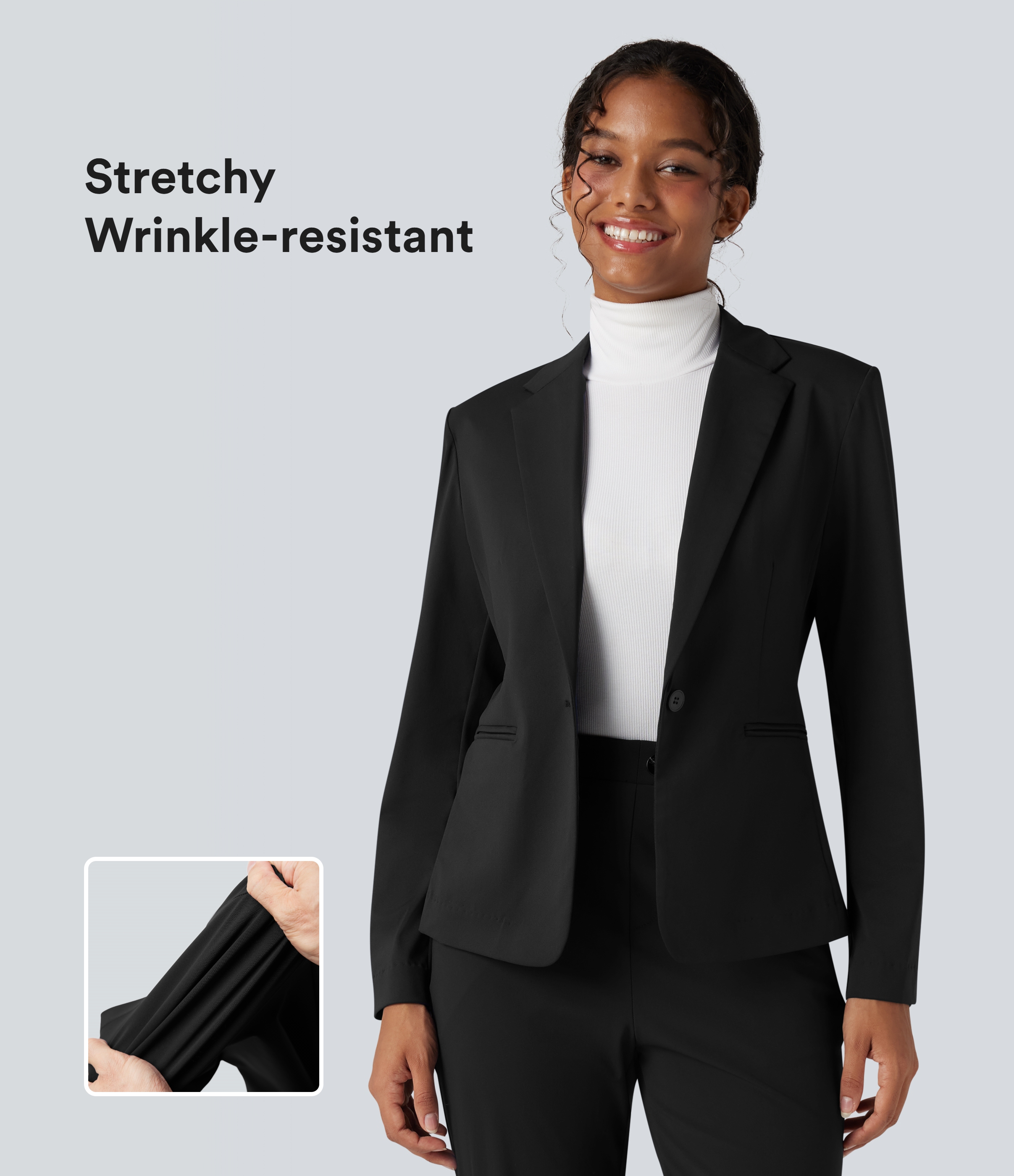 Halara Flex™ Suit fitted work blazer with notched collar, wrinkle-free, long sleeves, and pockets