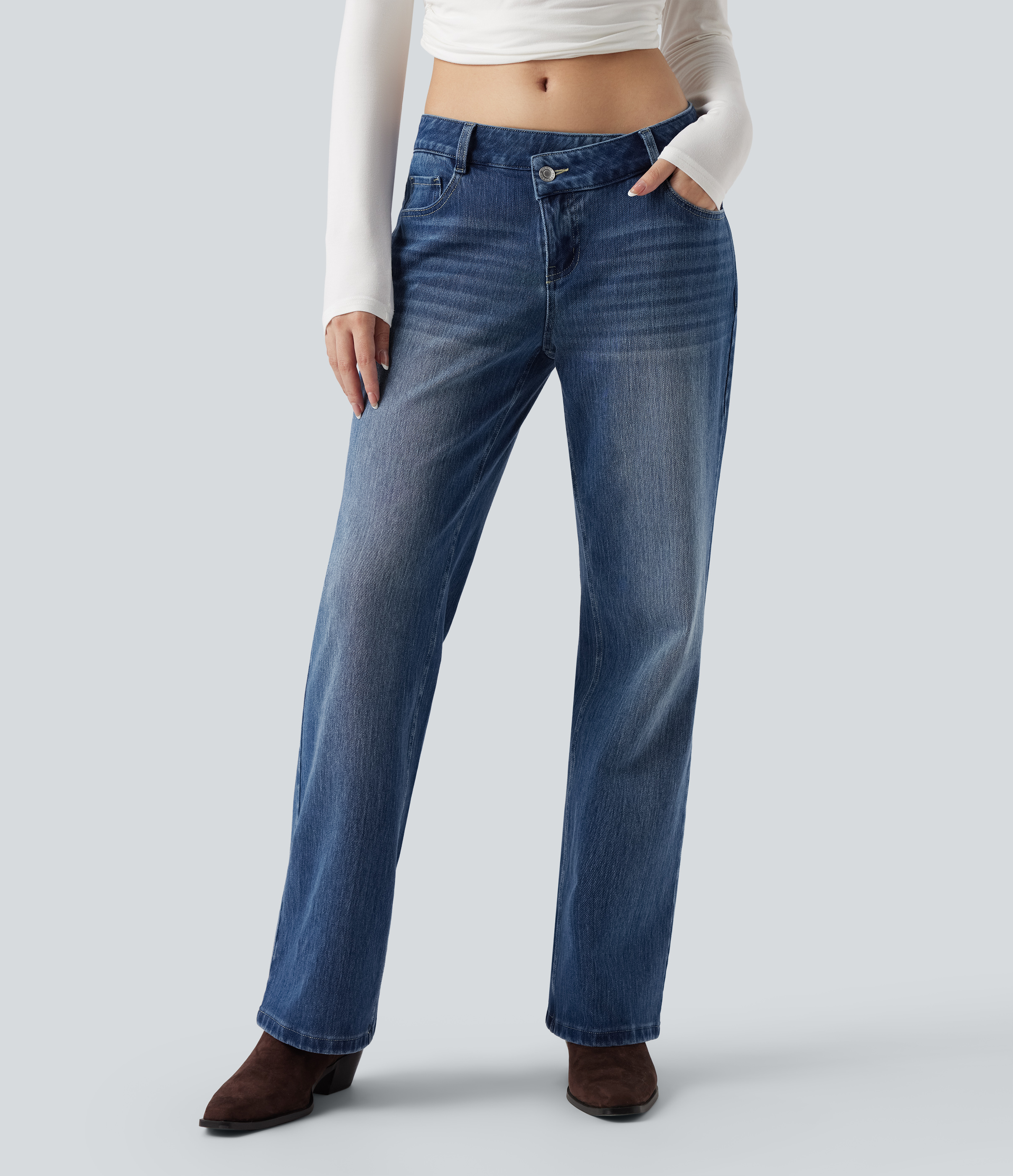 Halara Flex™ Asymmetric Low Rise Straight Leg Casual Jeans with Pockets