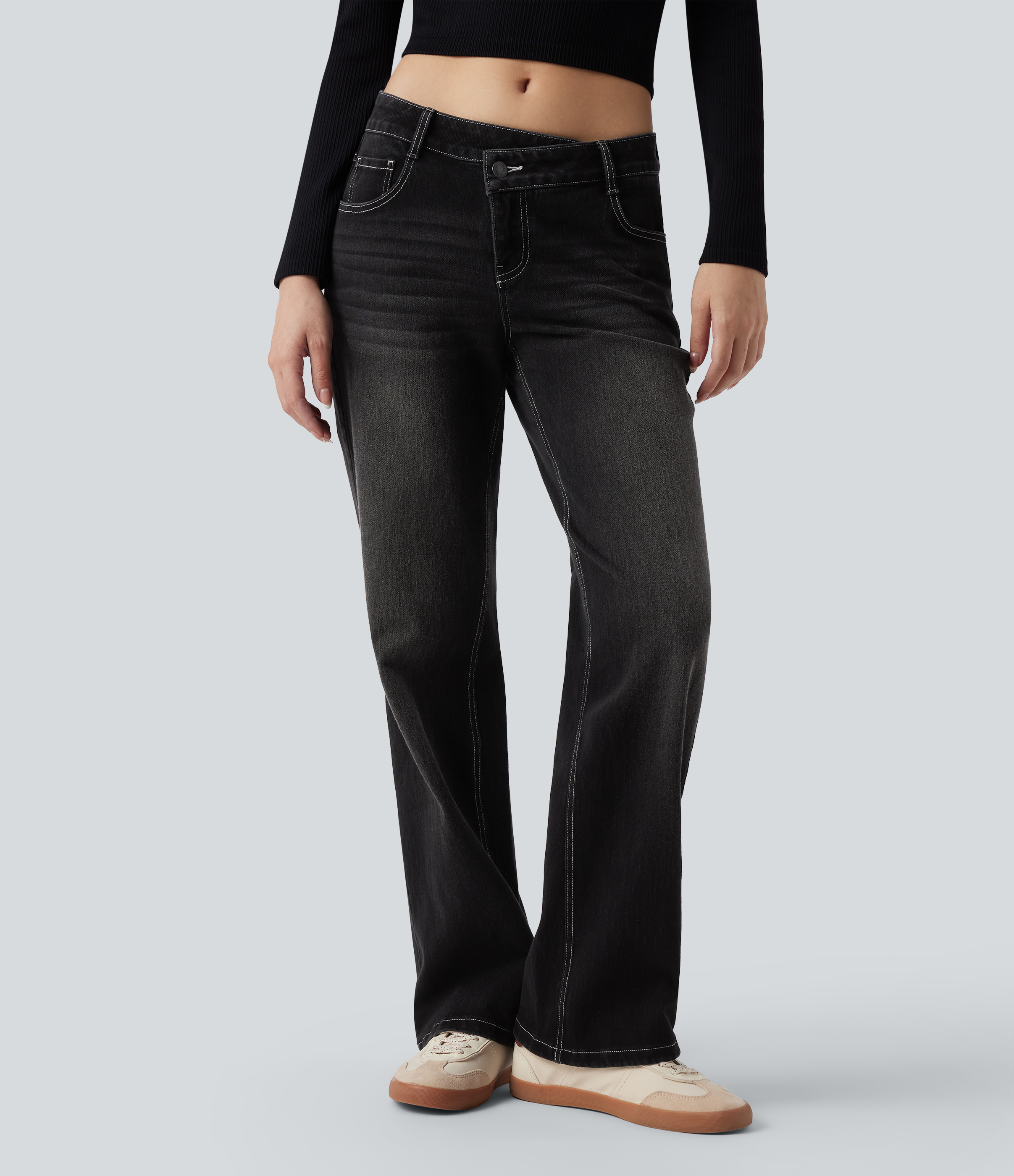 Halara Flex™ Asymmetric Low Rise Straight Leg Casual Jeans with Pockets