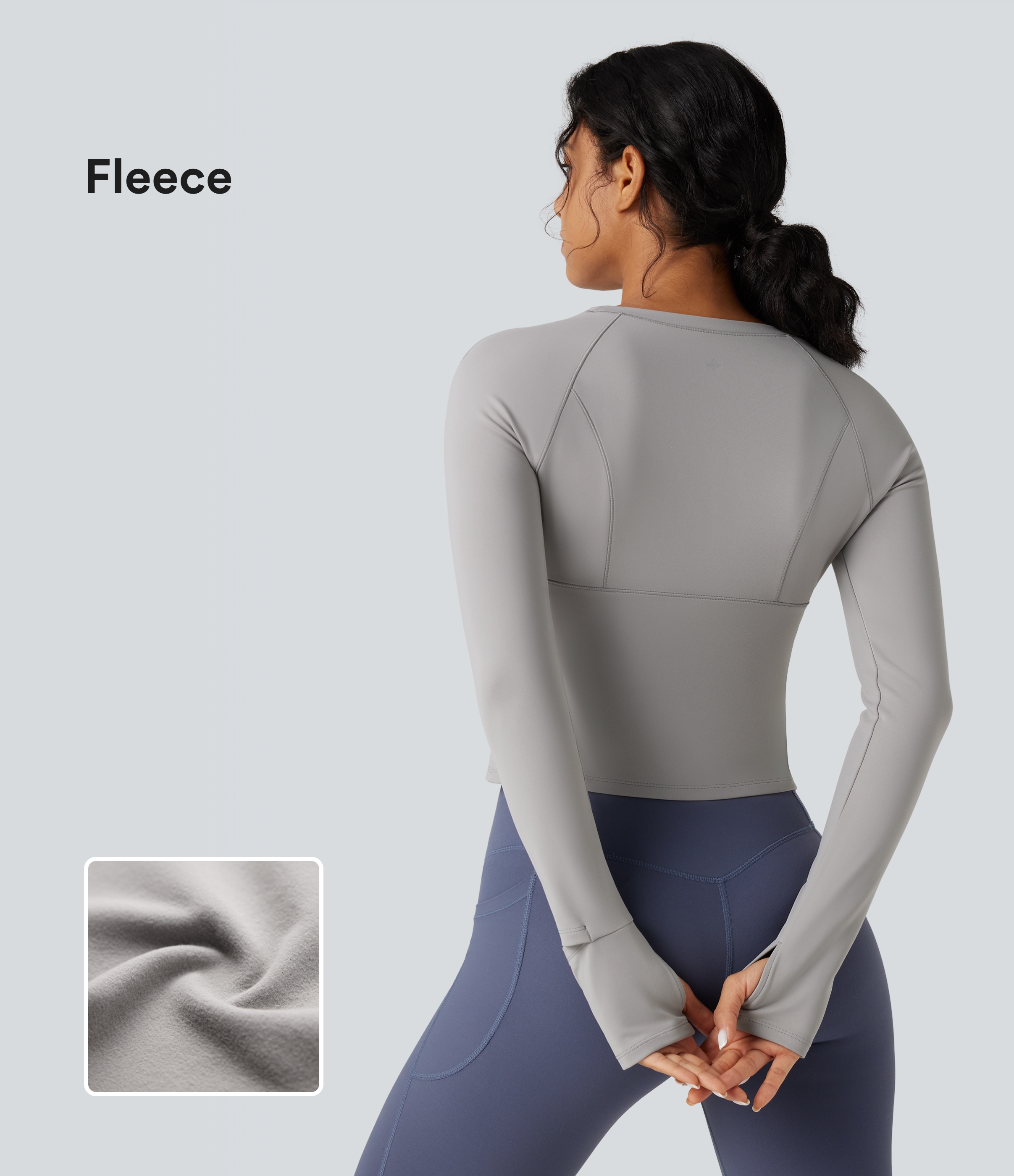 Round Neck Long Sleeve Thumb Hole Fleece Yoga Sports Top