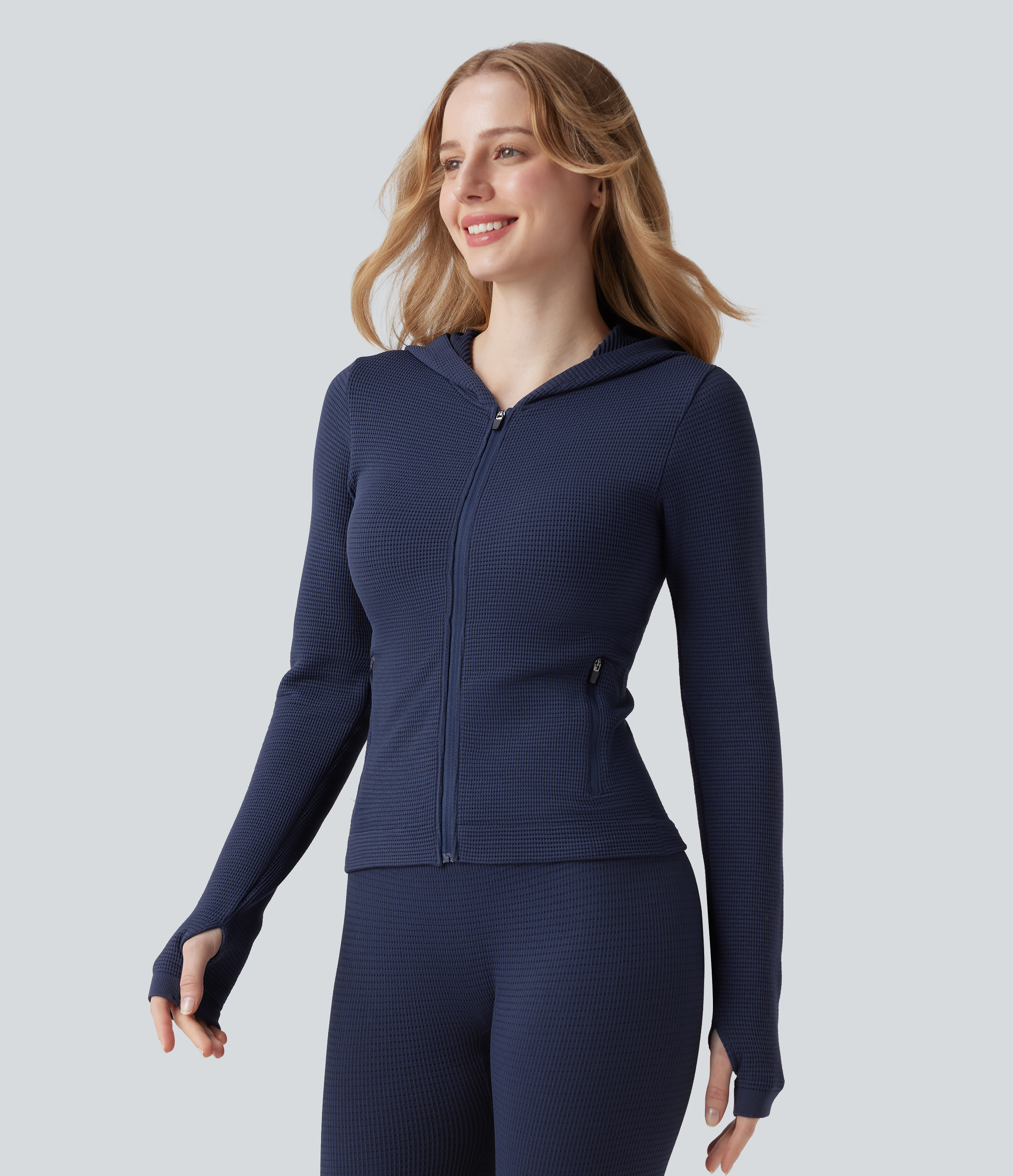 OneForm Seamless Flow Waffle Hooded Long Sleeve Thumb Hole Zipper Yoga Jacket with Pockets