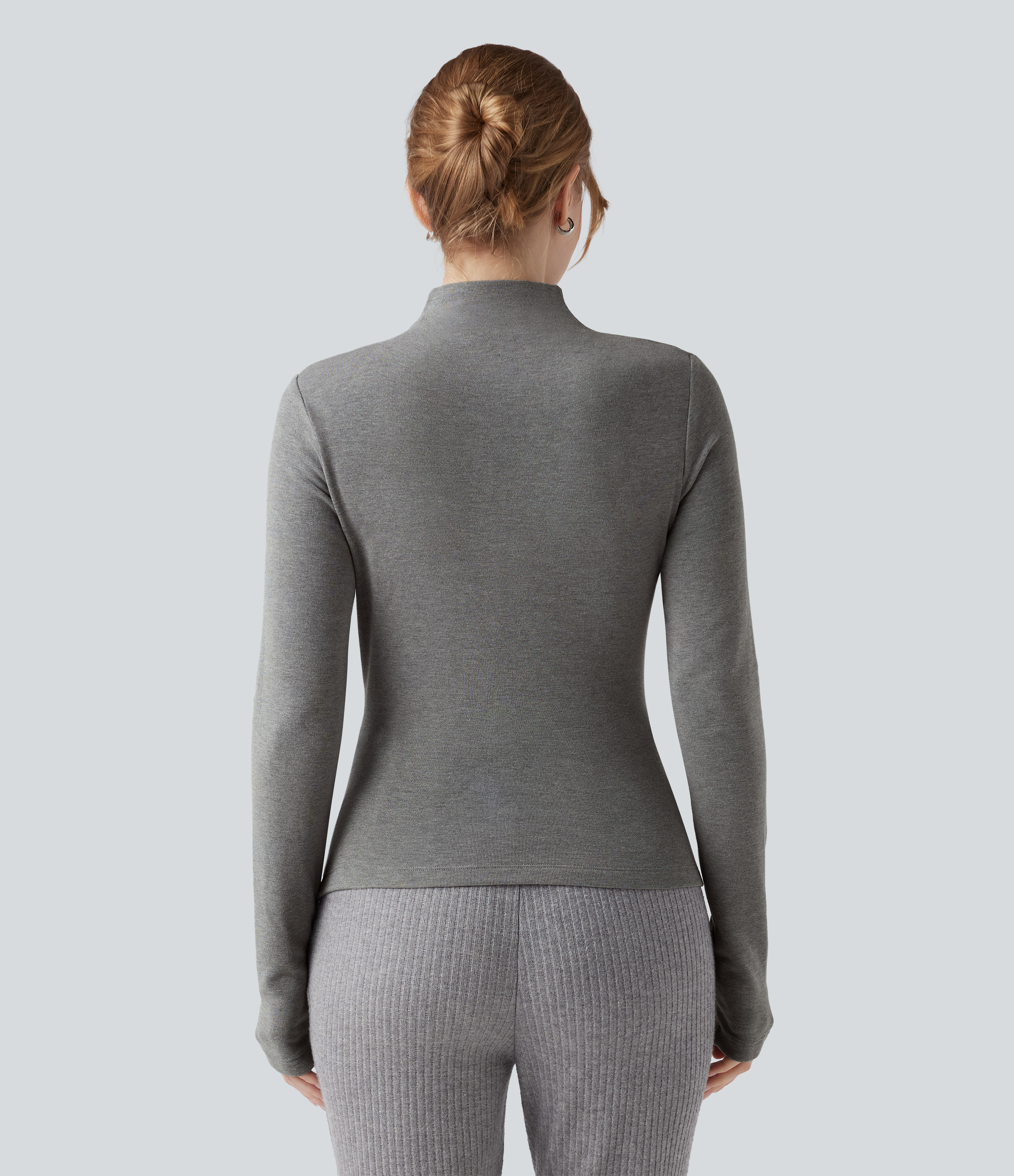 Mottled Cloud Grey Mock-neck Long Sleeve Ruched Asymmetric Hem Thermal Casual Top / 2