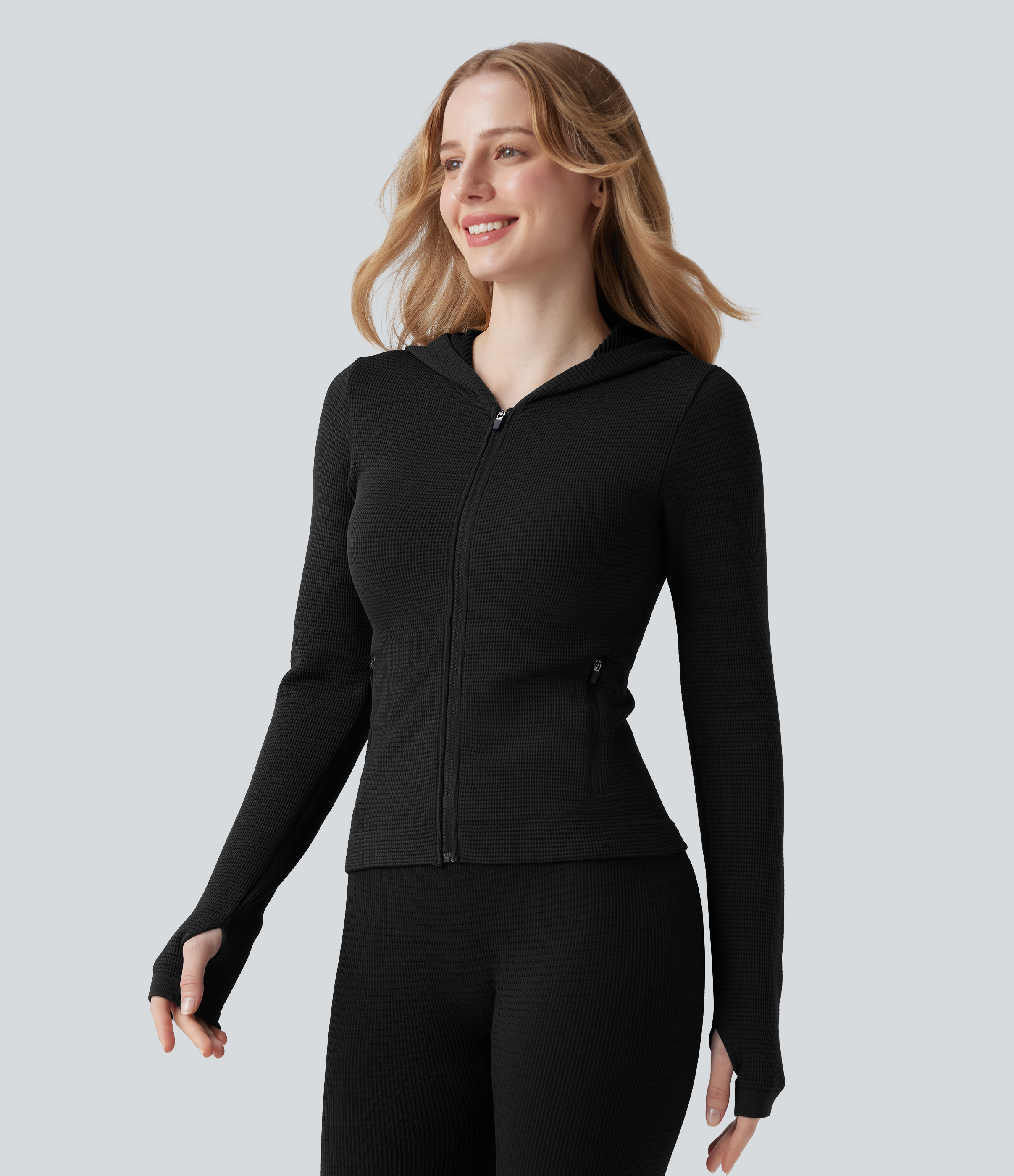 OneForm Seamless Flow Waffle Hooded Long Sleeve Thumb Hole Zipper Yoga Jacket with Pockets