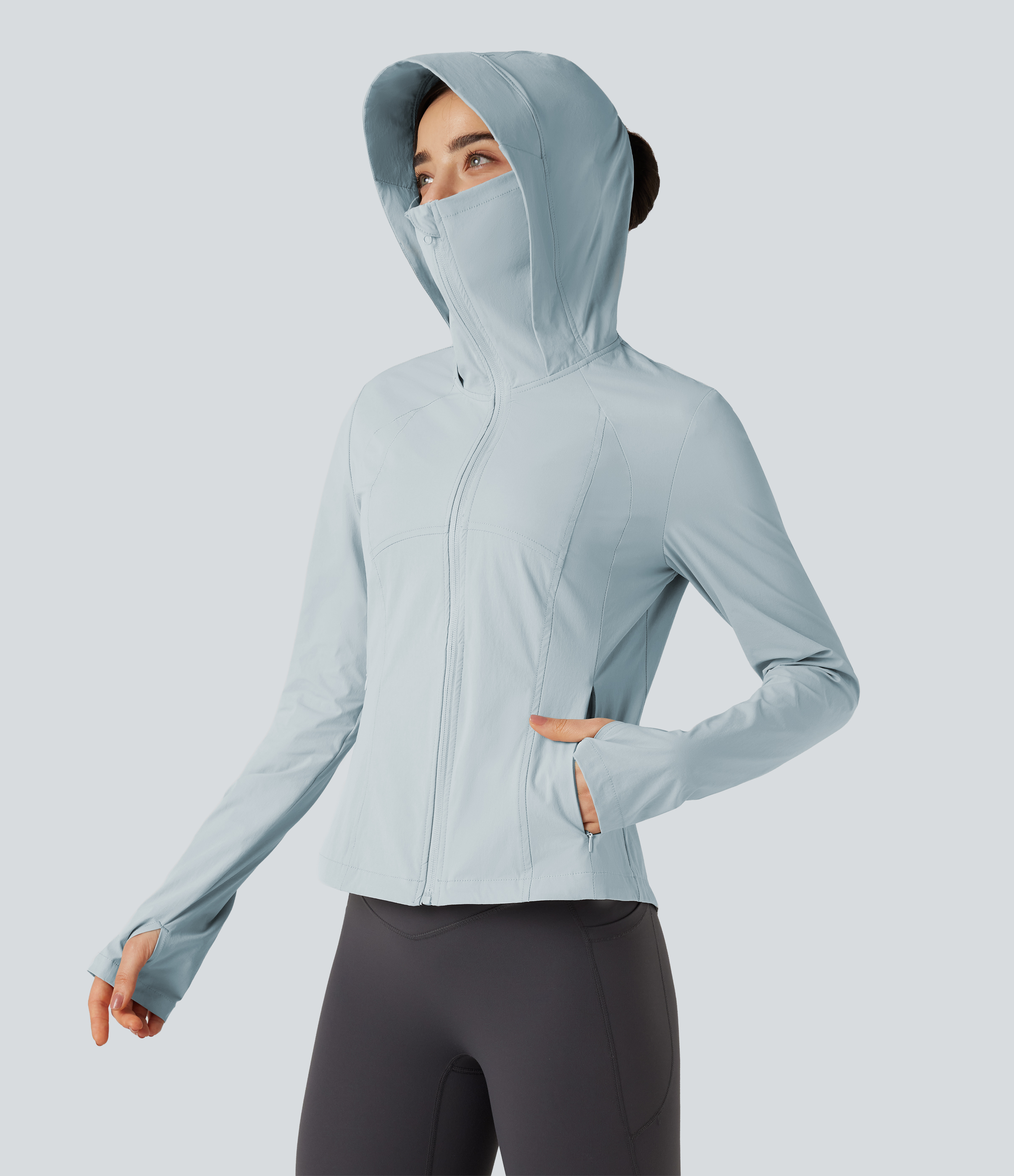 Hooded Long Sleeve Thumb Hole Zipper Hiking Jacket with Pockets-UPF40+