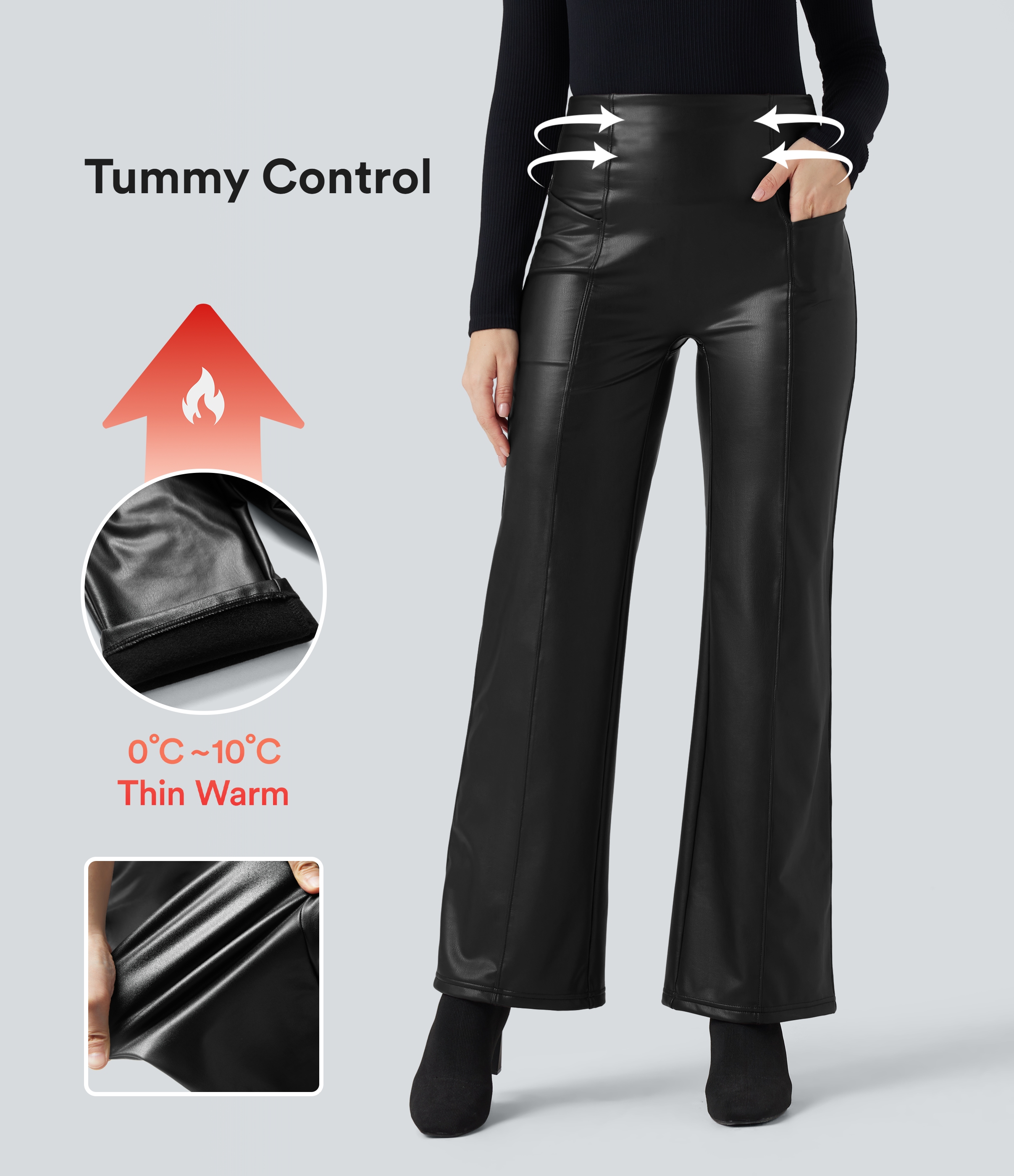 High Waisted Tummy Control Stretchy PU Fleece Casual Flare Pants with Pockets