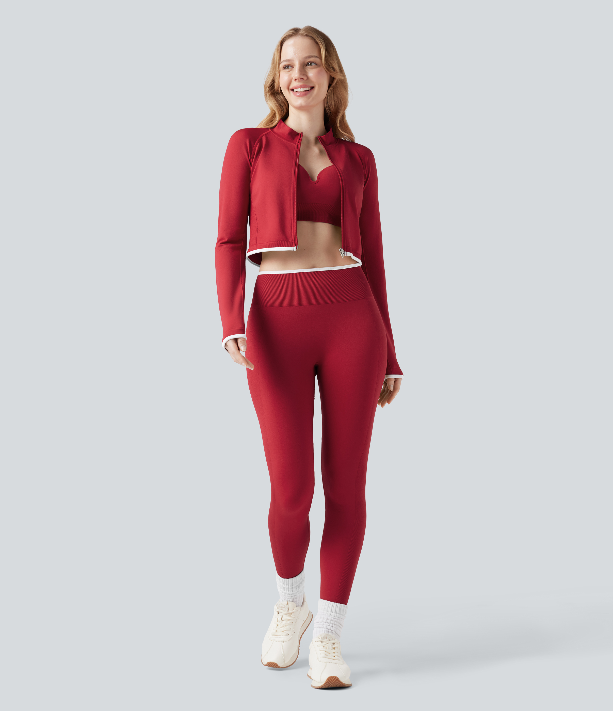 OneForm Seamless Flow Stand Collar Color Block Zipper Cropped Yoga Jacket