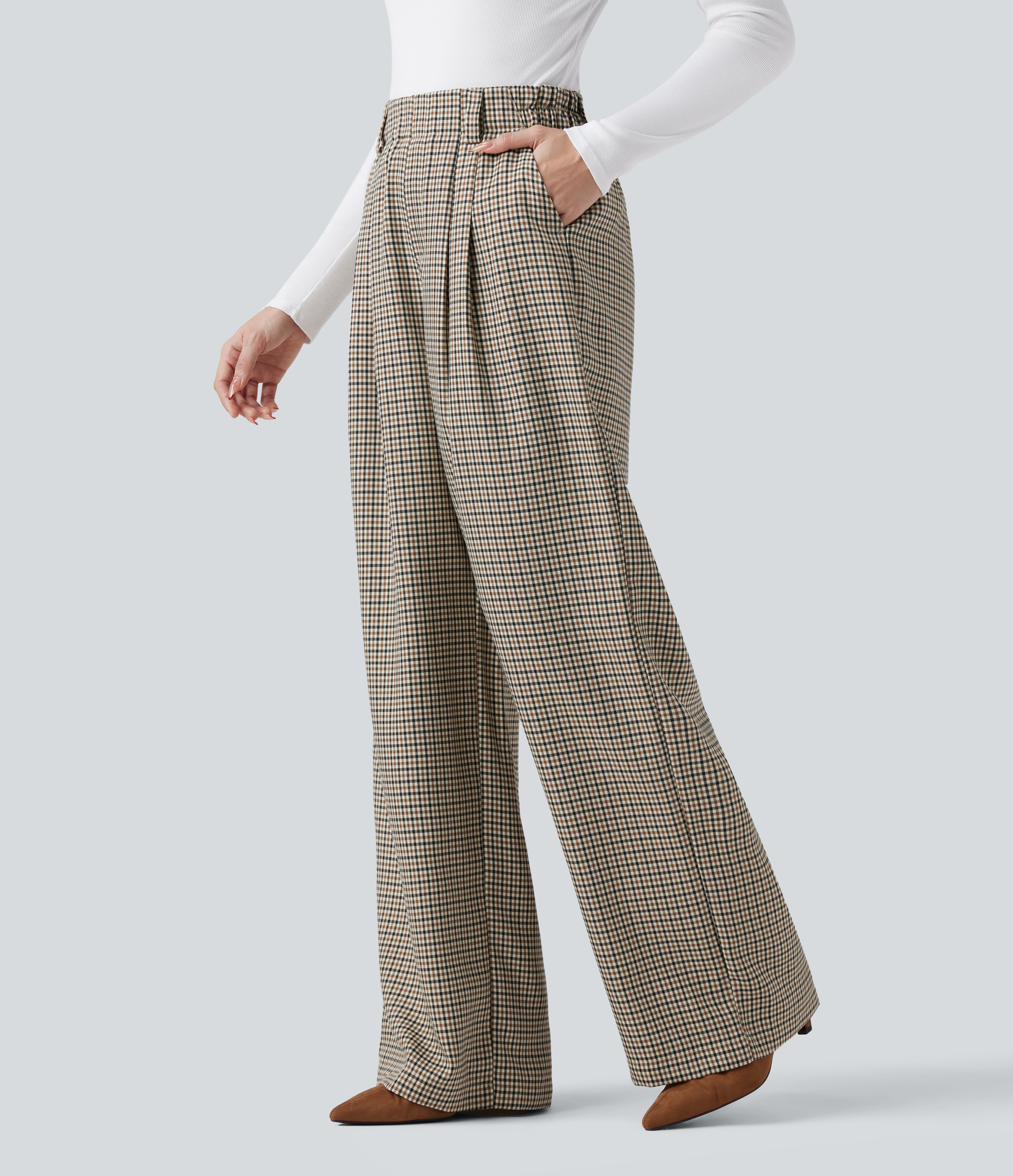 High Waisted Plaid Work Baggy Pants with Pockets