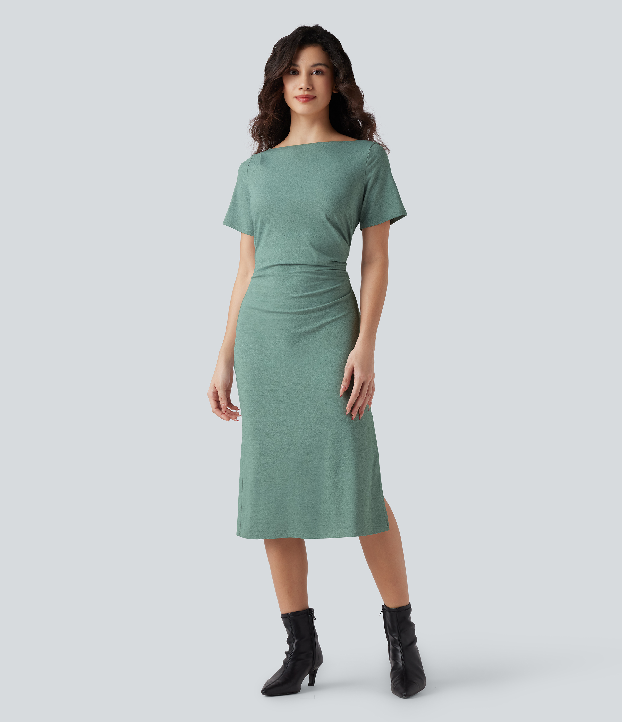 Short Sleeve Ruched Bodycon Women Long Midi Work Dress