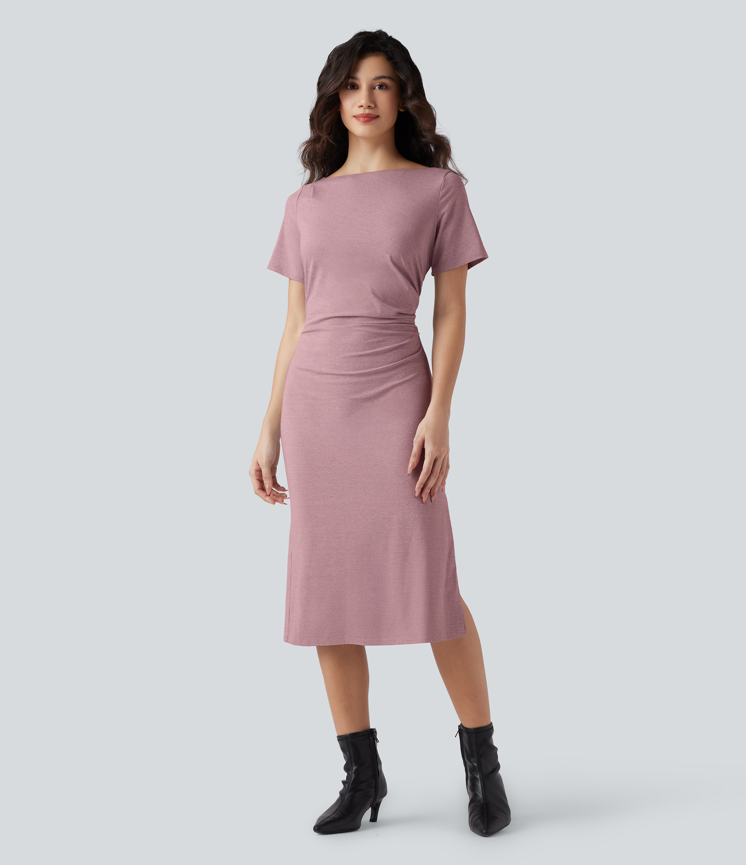 Short Sleeve Ruched Bodycon Midi Work Dress