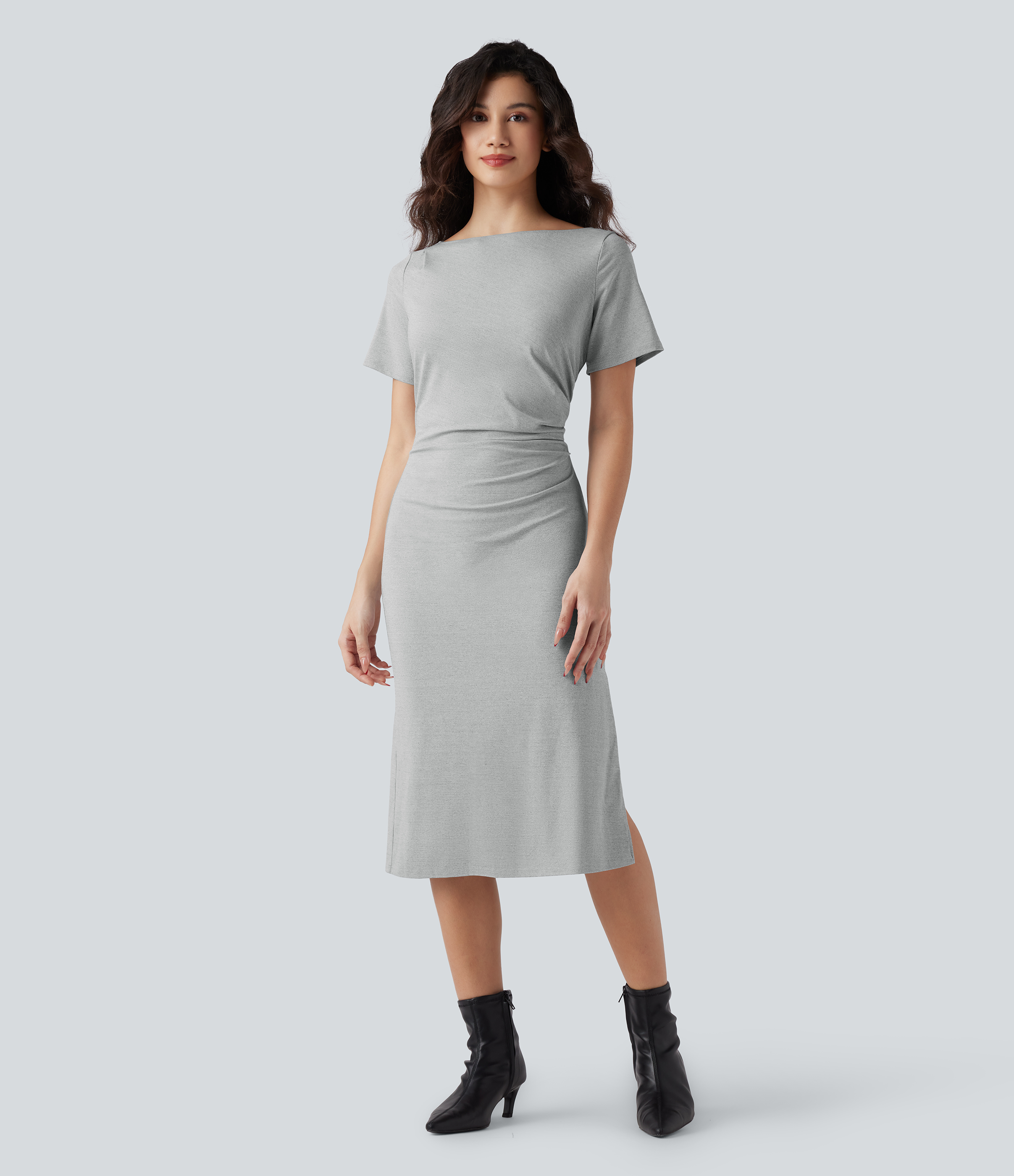 Figure-hugging midi work dress with short sleeves