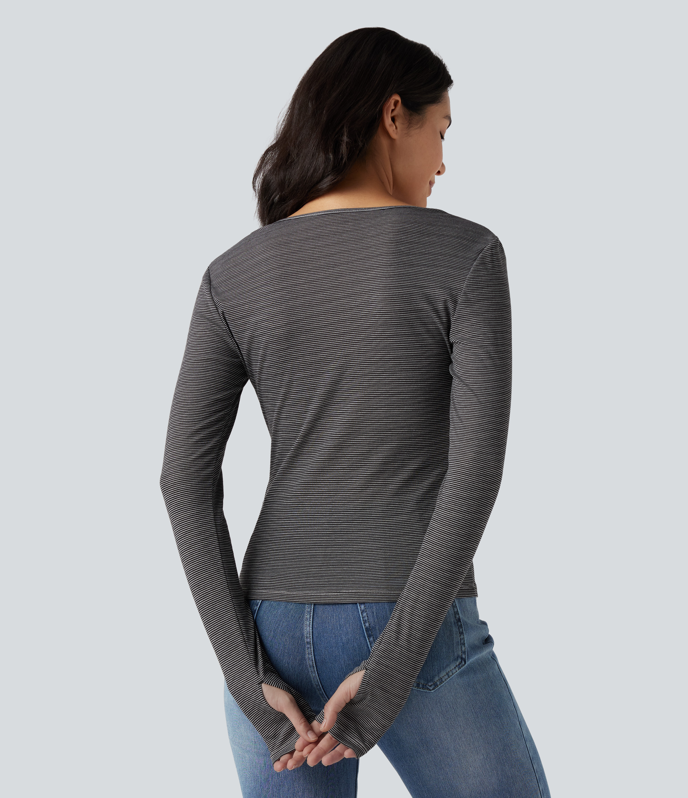 Women's Henley Long Sleeve Thumb Holes Striped Casual T-Shirt - Halara