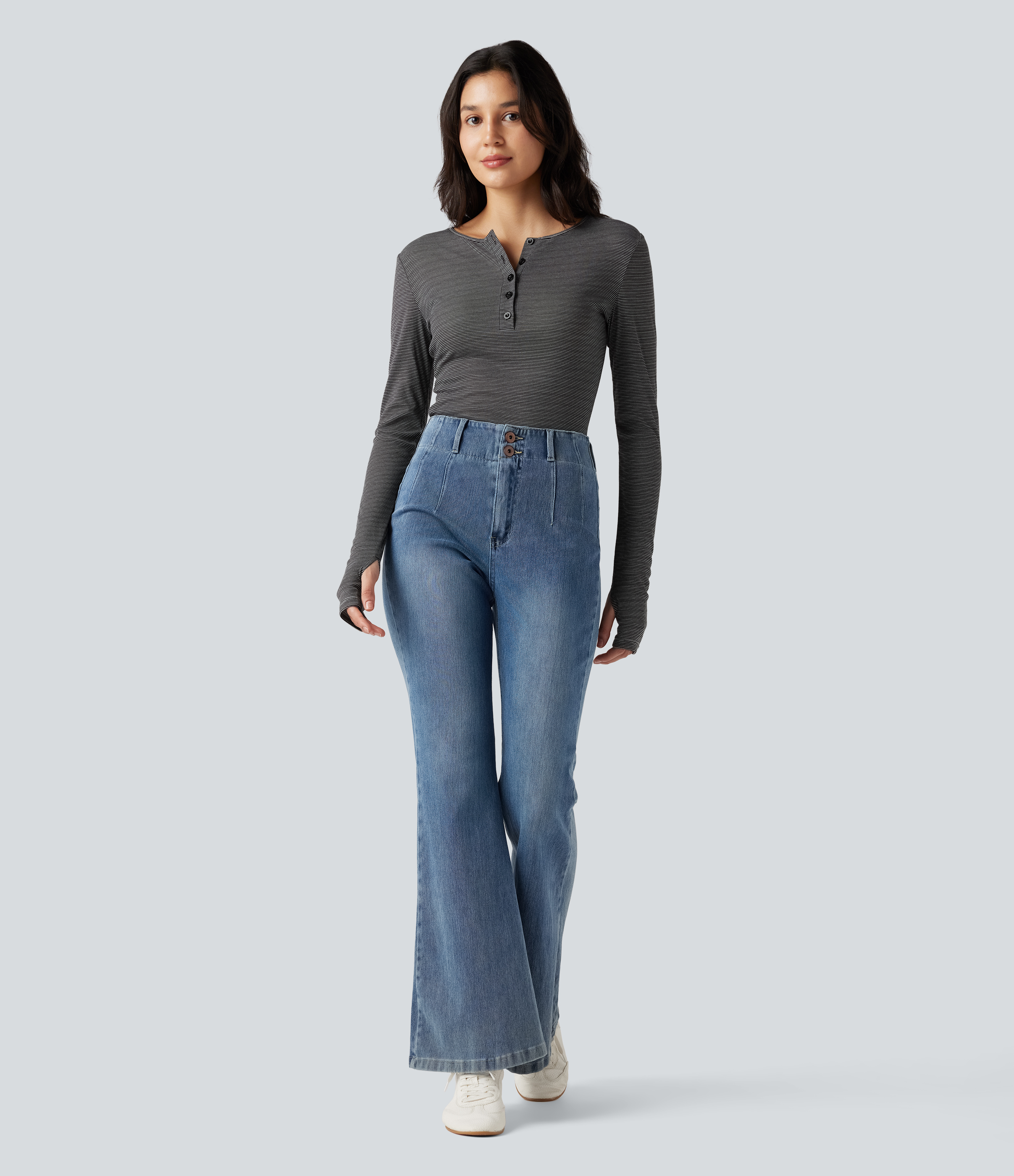 Women's Henley Long Sleeve Thumb Holes Striped Casual T-Shirt - Halara
