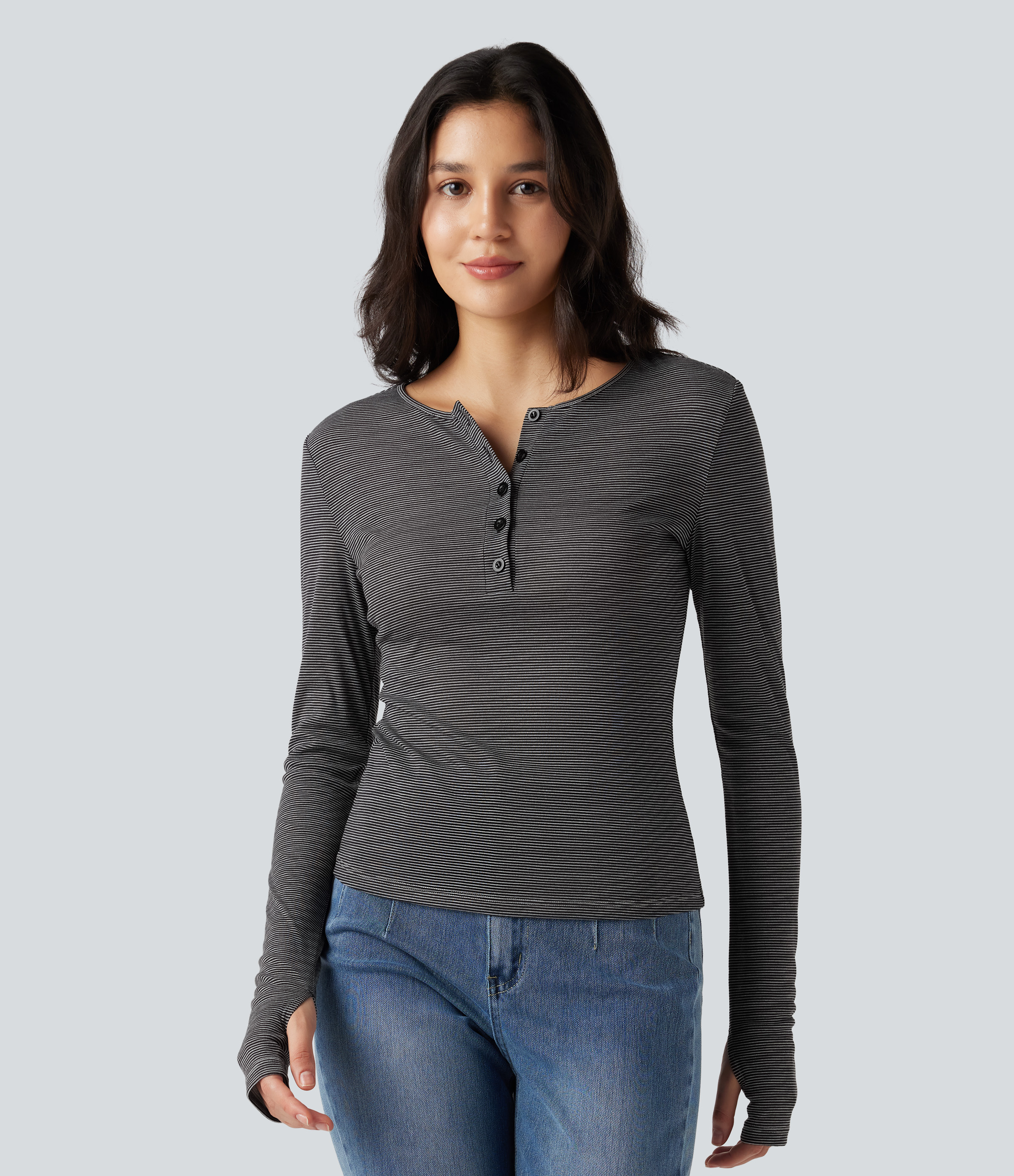 Women's Henley Long Sleeve Thumb Holes Striped Casual T-Shirt - Halara