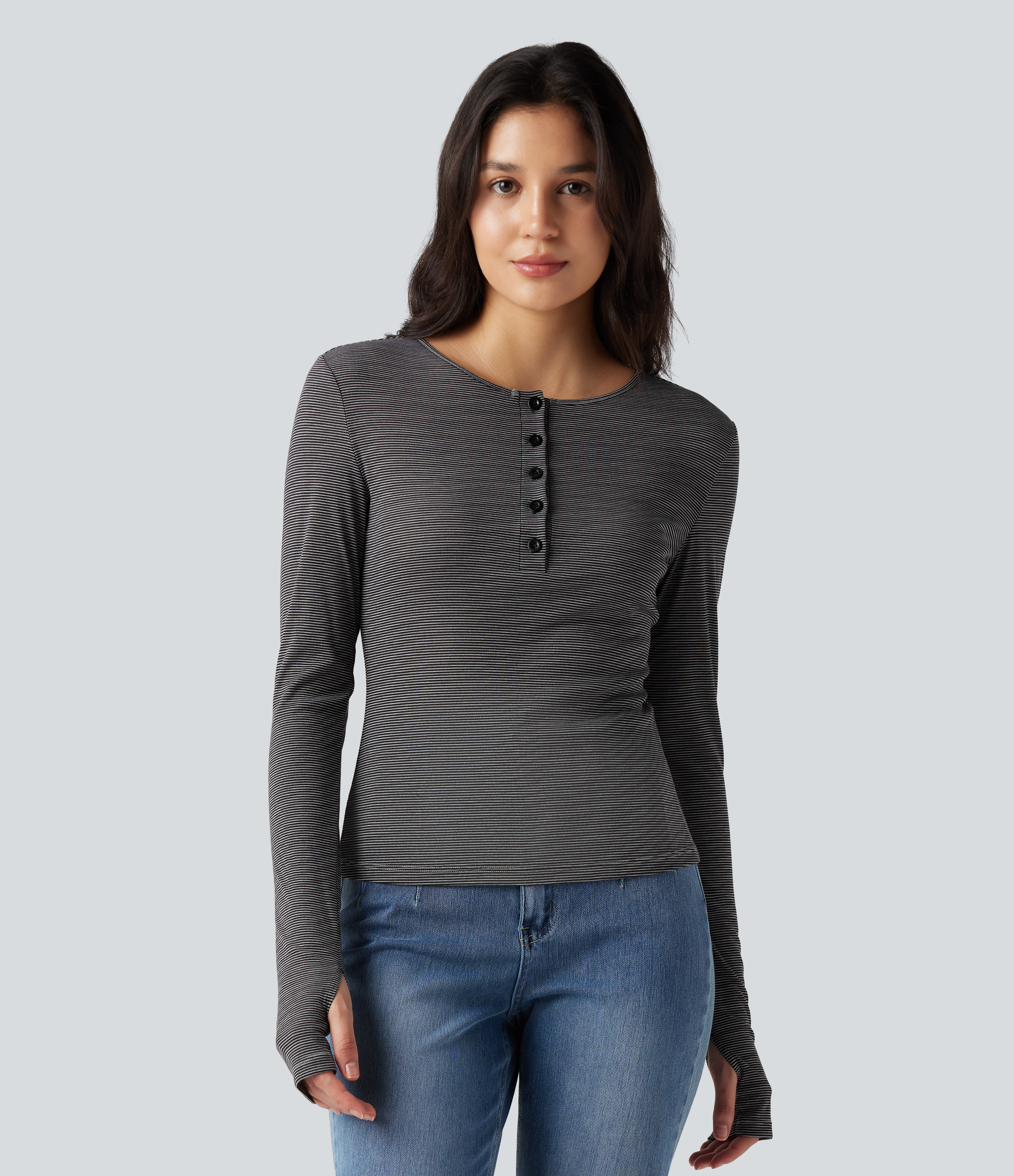 Women's Henley Long Sleeve Thumb Holes Striped Casual T-Shirt - Halara