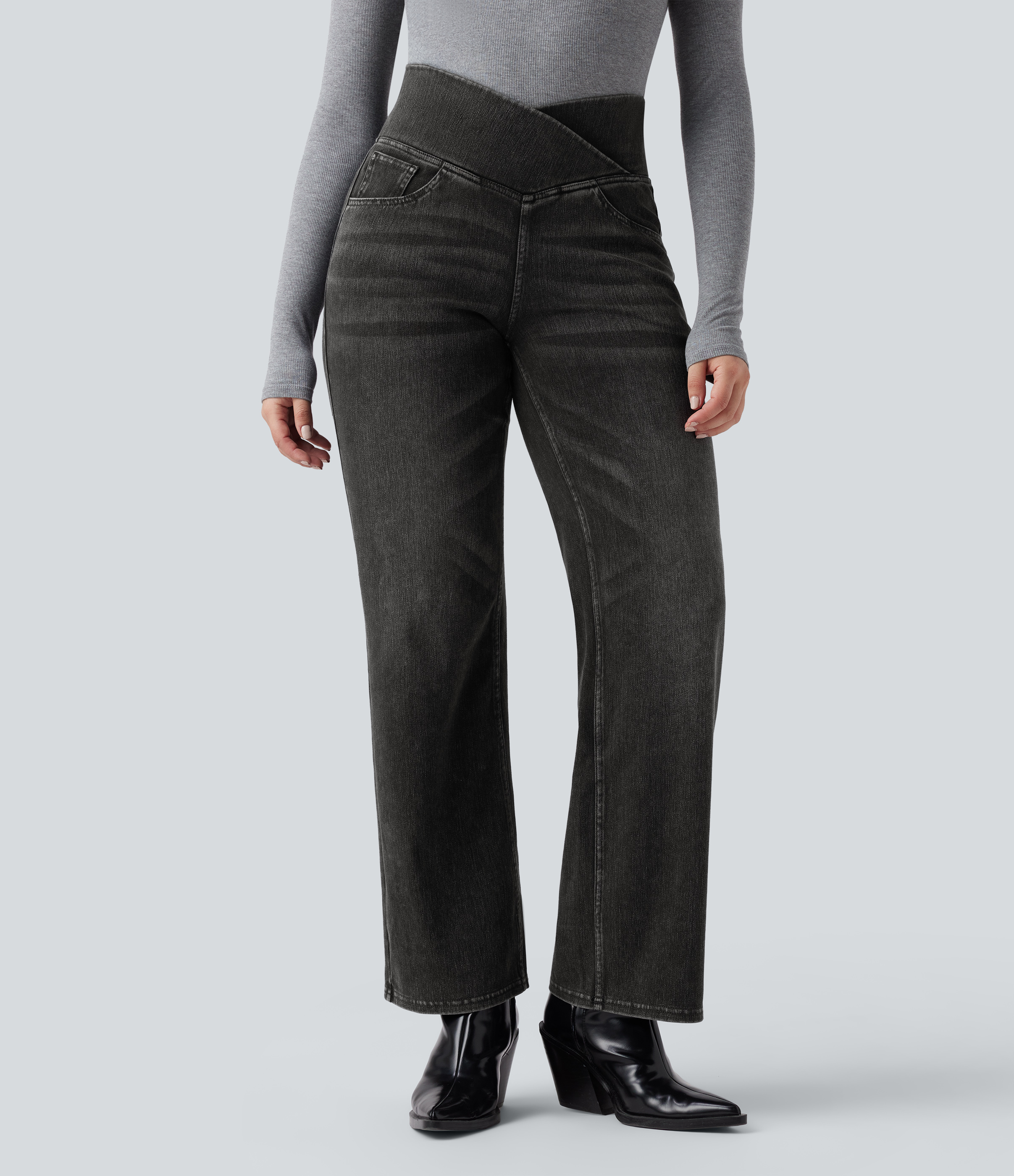 Halara Flex™ Crossover High Waisted Tummy Control Casual Straight Leg Jeans with Pockets