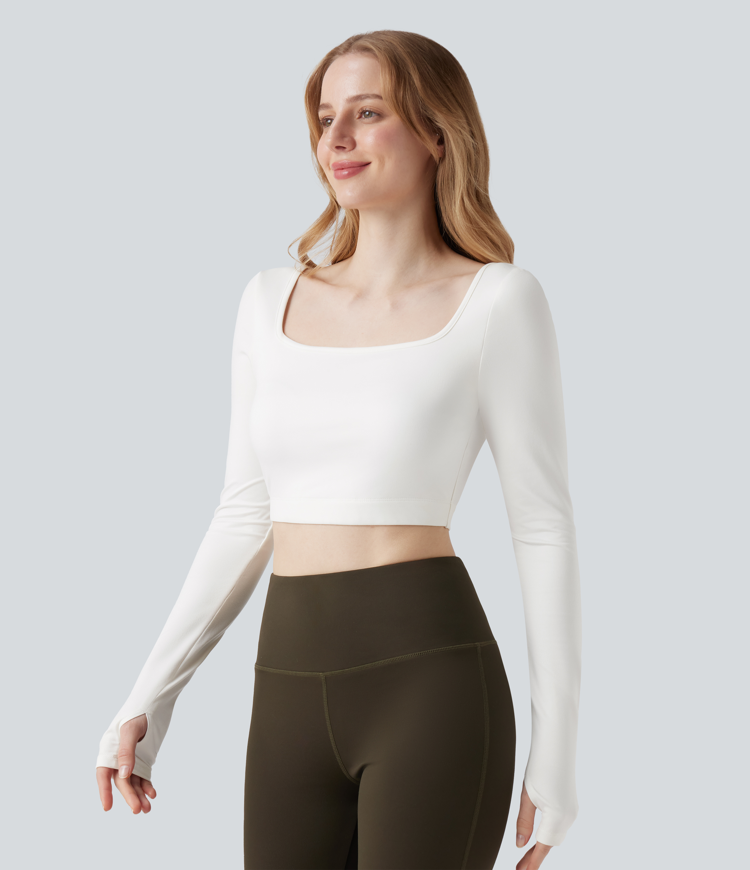 Women's Square Neck Long Sleeve Thumb Hole Cropped Yoga Sports Top