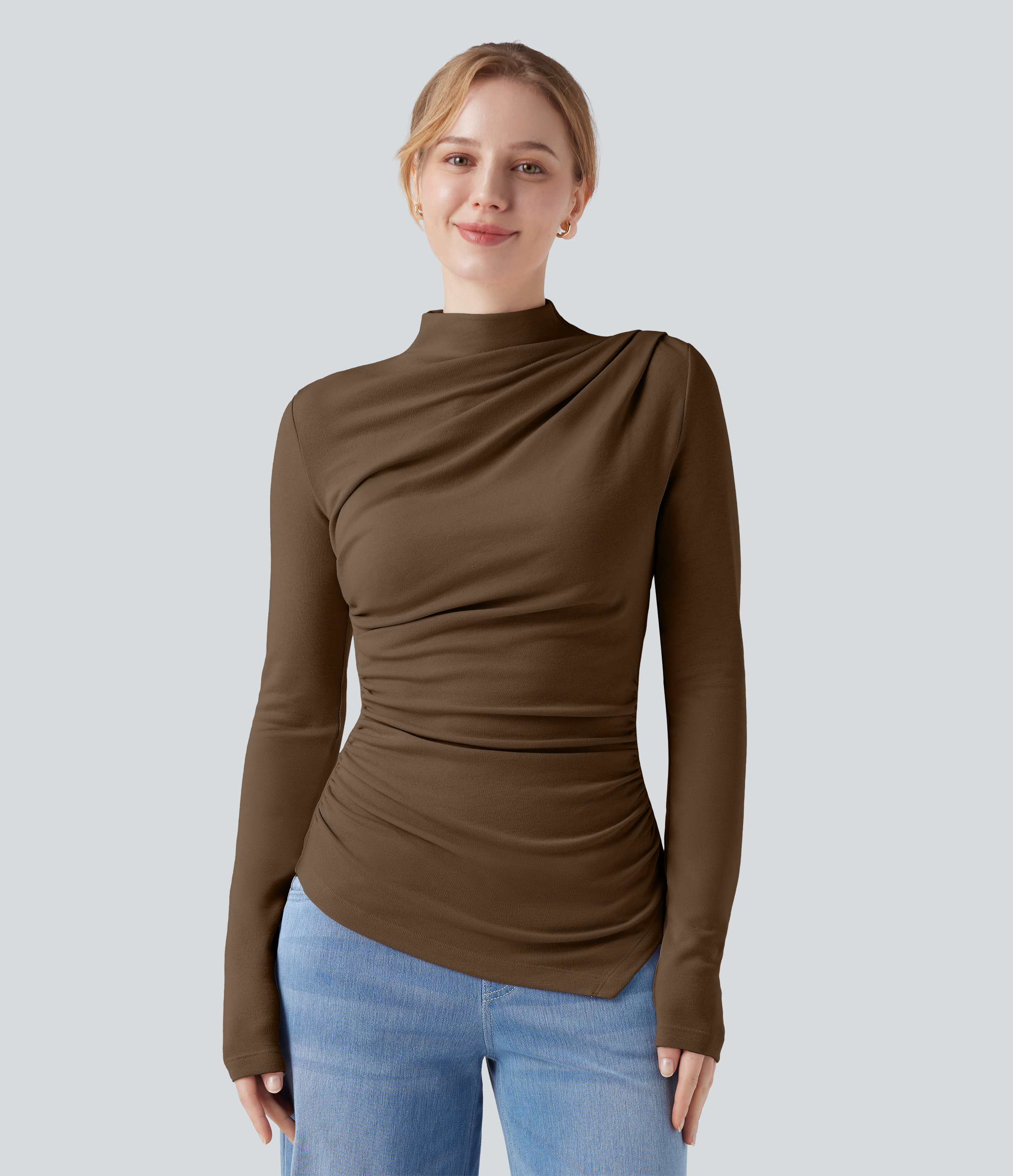 Women's Mock-neck Long Sleeve Ruched Asymmetric Hem Thermal Casual