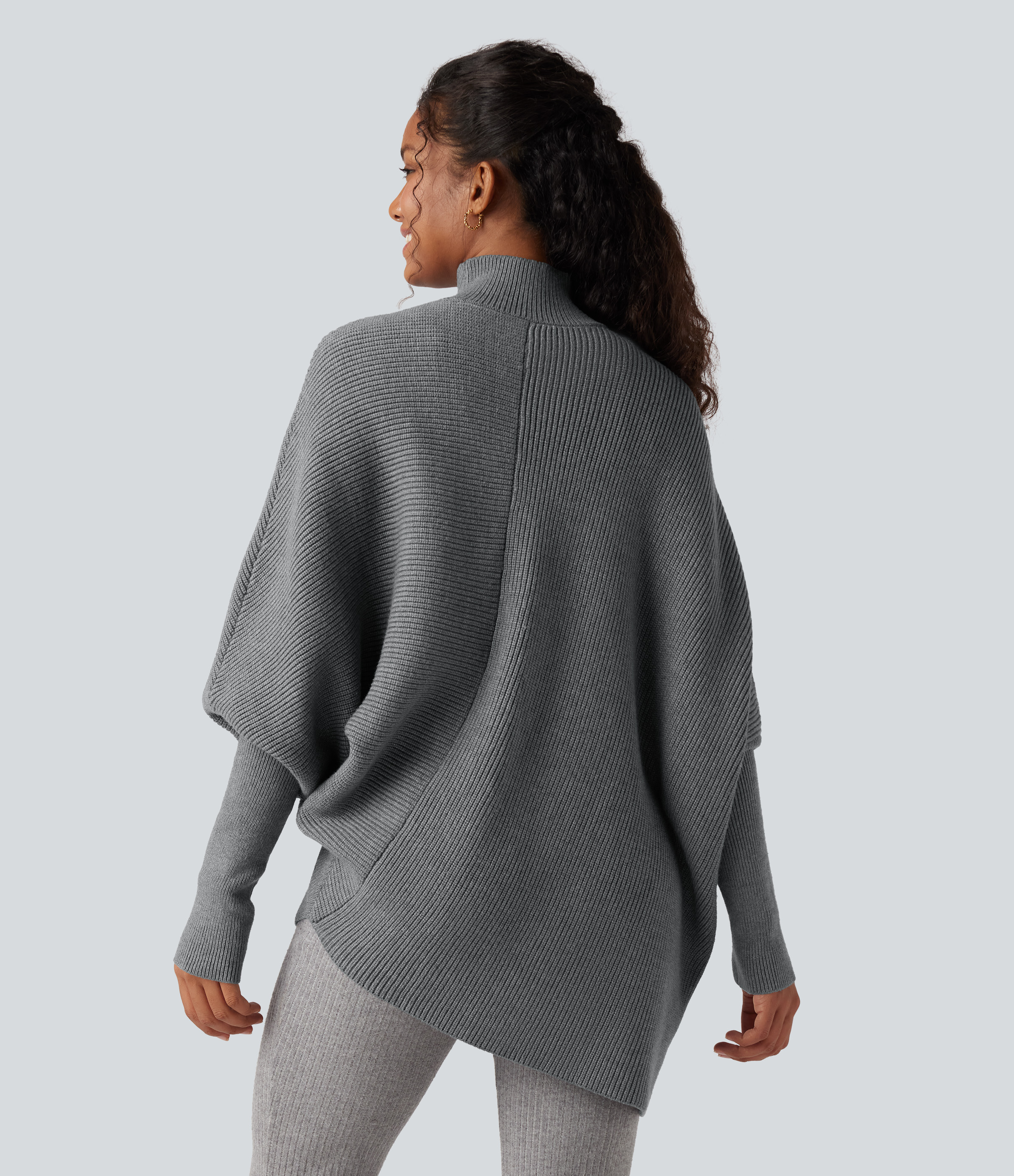 Frost Gray High Neck Batwing Long Sleeve Asymmetric Hem Work Sweater / 2