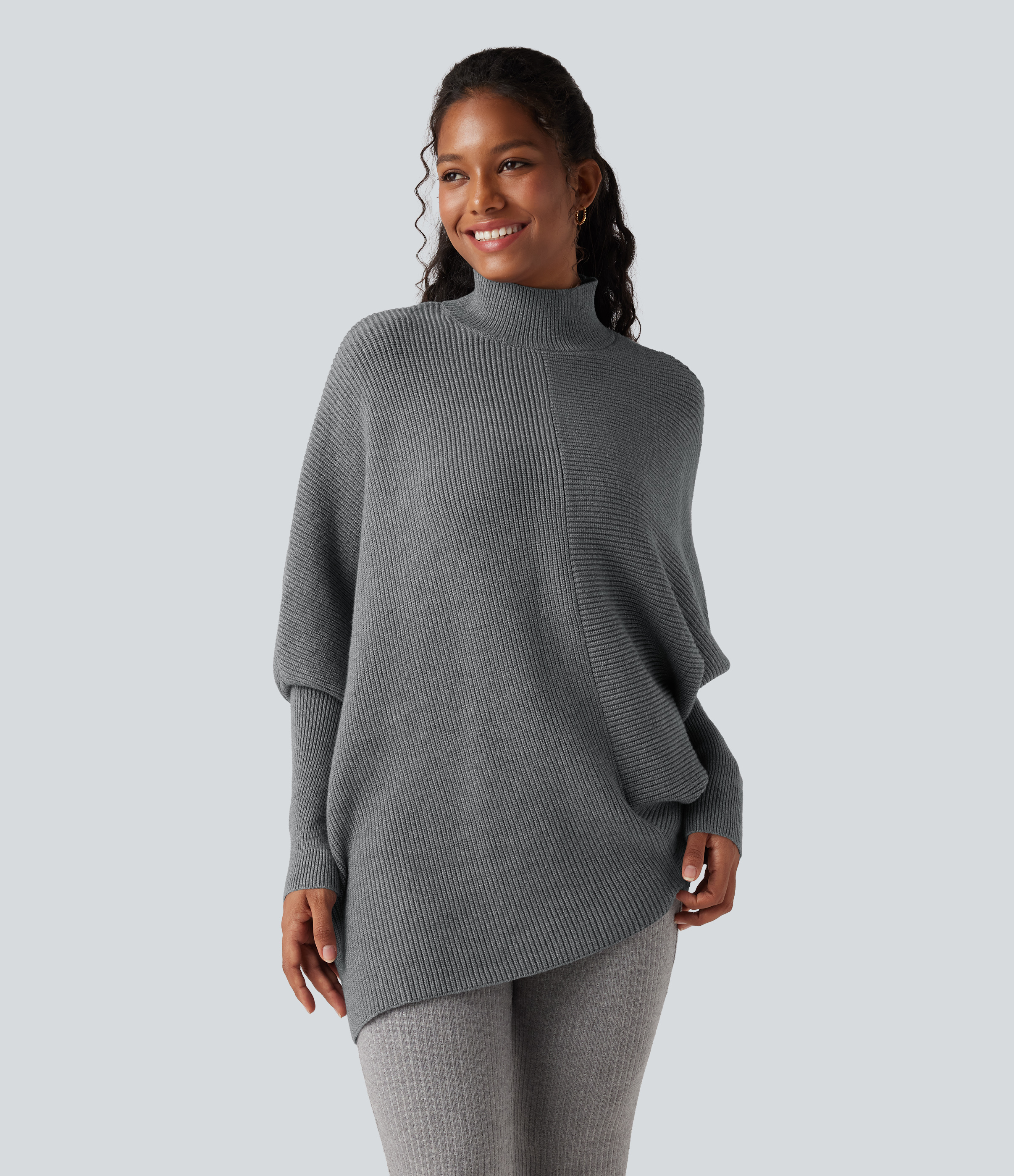 High Neck Batwing Long Sleeve Asymmetric Hem Work Sweater