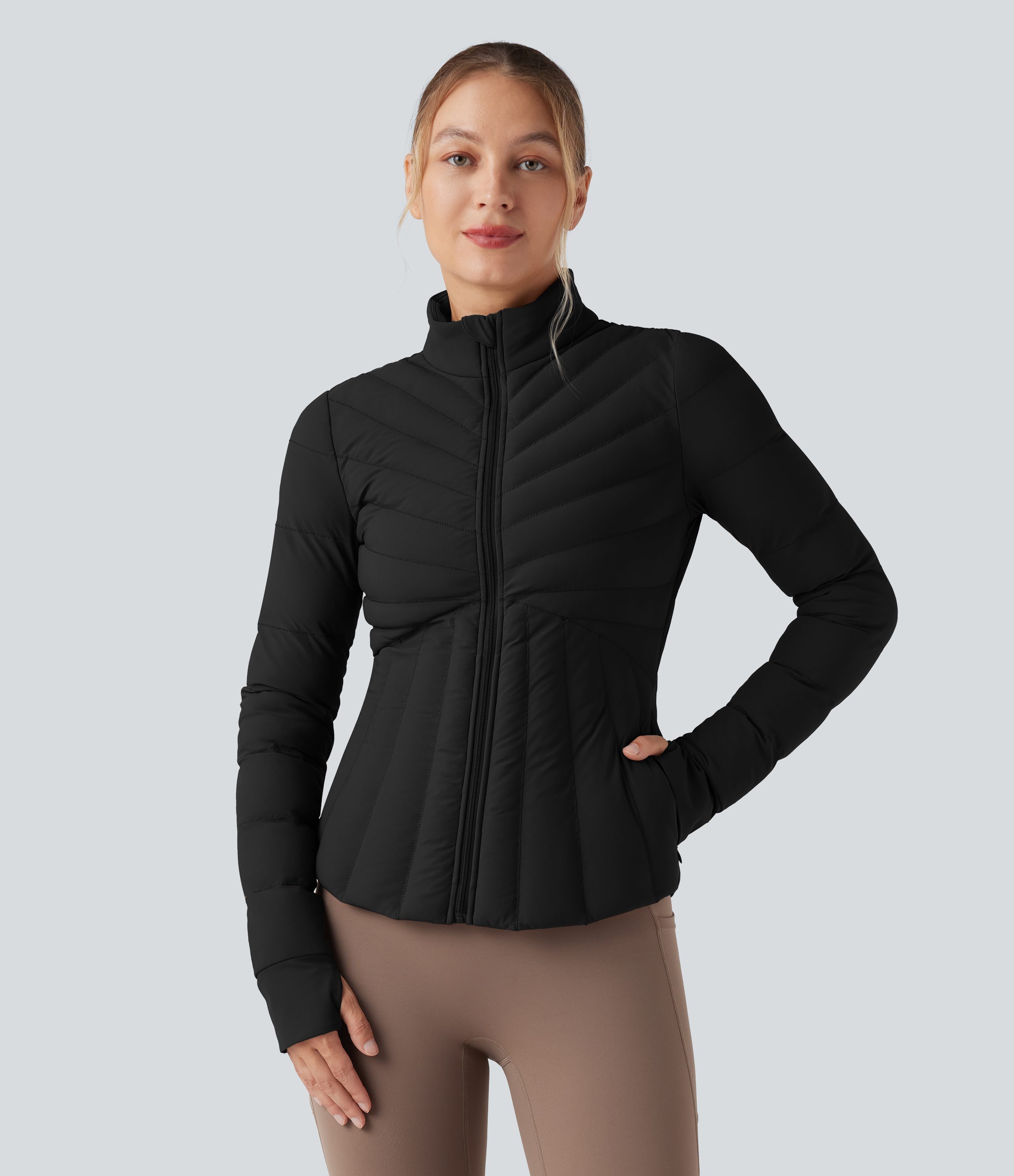 PuffFlex Stand Collar Thumb Holes Stretchy Workout Padded Jacket with Pockets