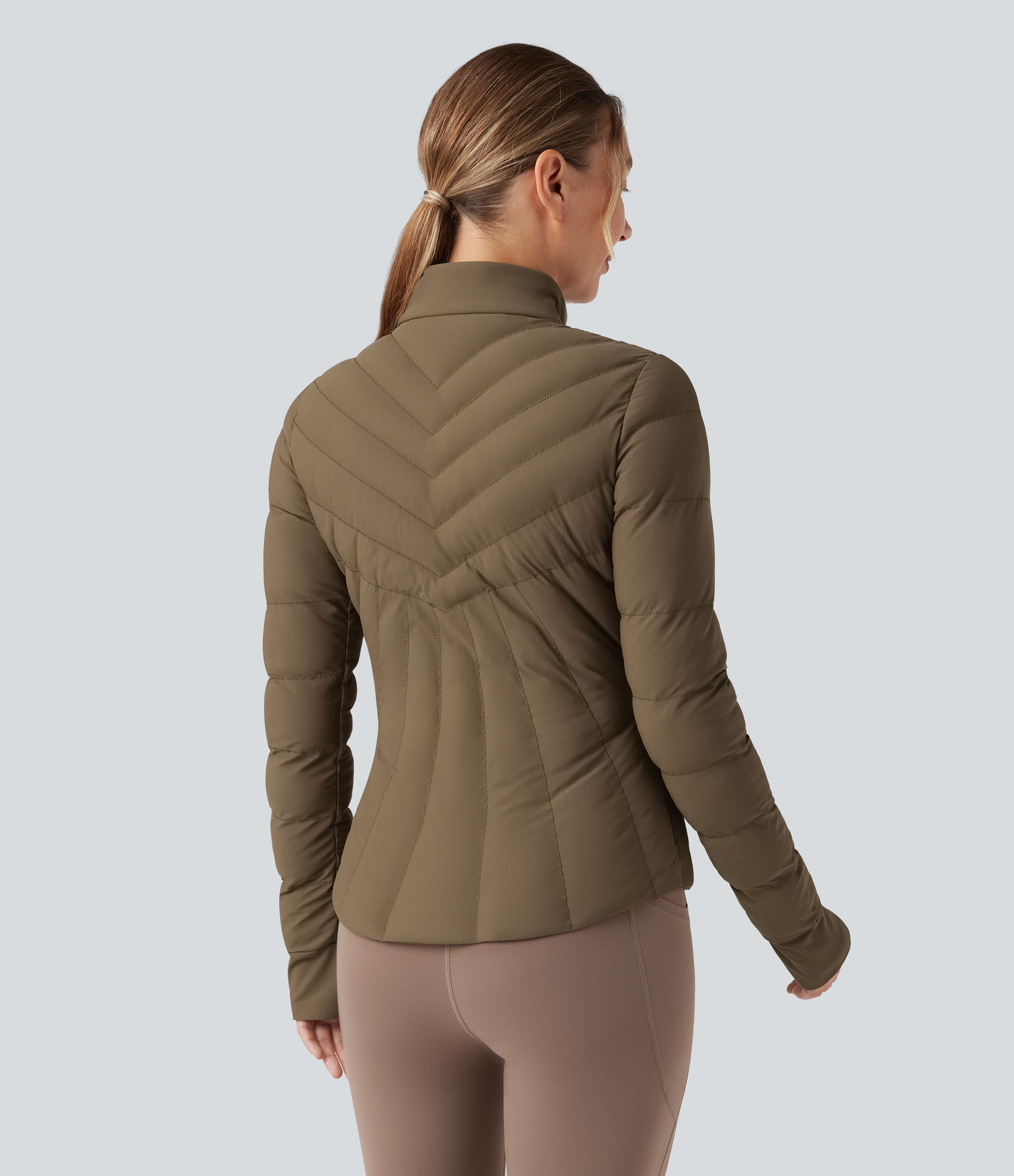 Chestnut Brown PuffFlex Stand Collar Thumb Holes Stretchy Workout Quilted Jacket with Pockets / 2