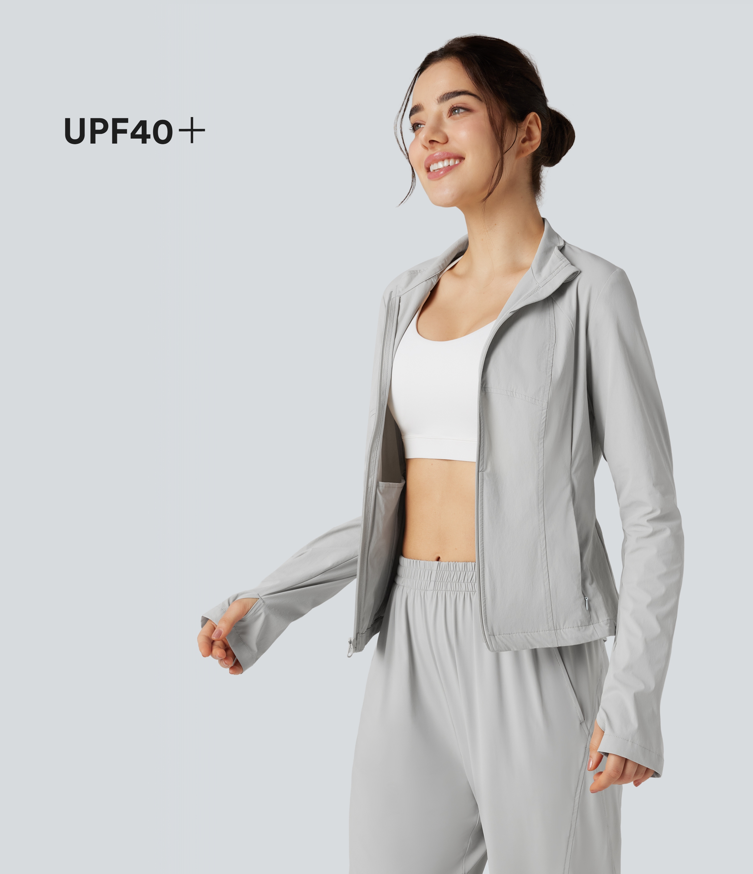 Stand Collar Long Sleeve Thumb Hole Hiking Jacket with Pockets-UPF40+