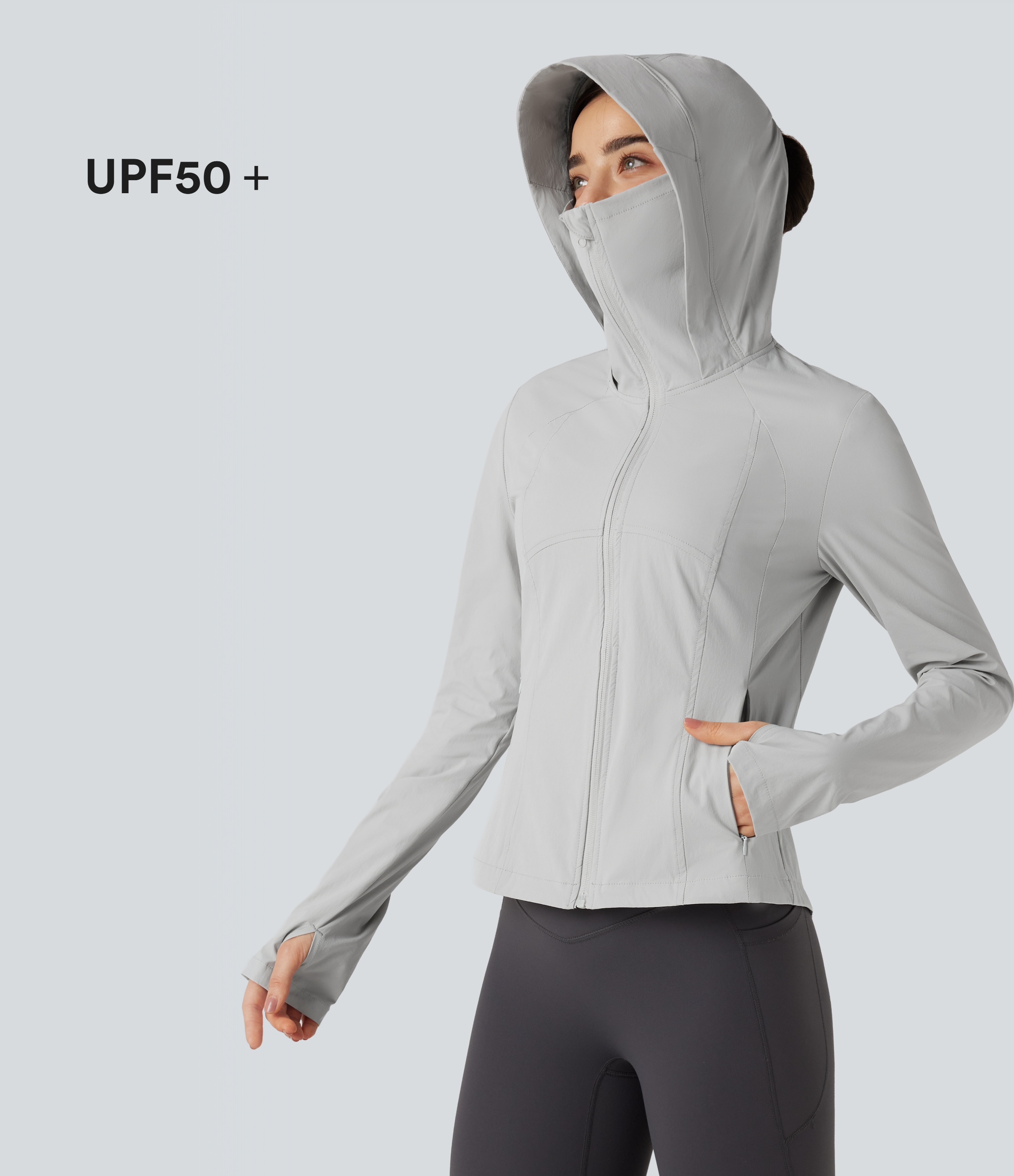 Hiking jacket with hood, side pockets, long sleeves, thumb holes and zipper - UPF40+