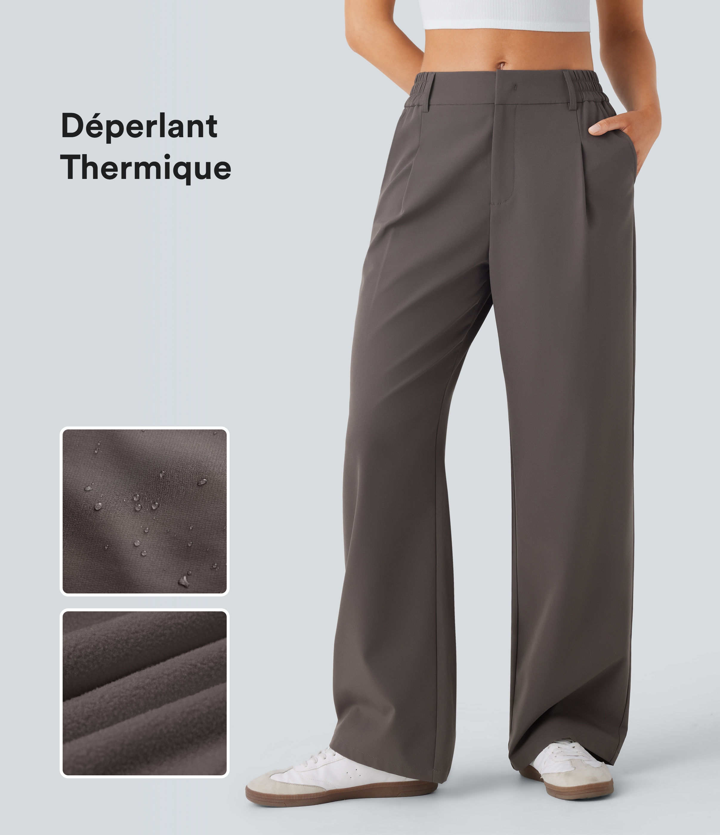 Pantalon tailleur thermique droit taille mi-haute, déperlant et résistant à l'usure