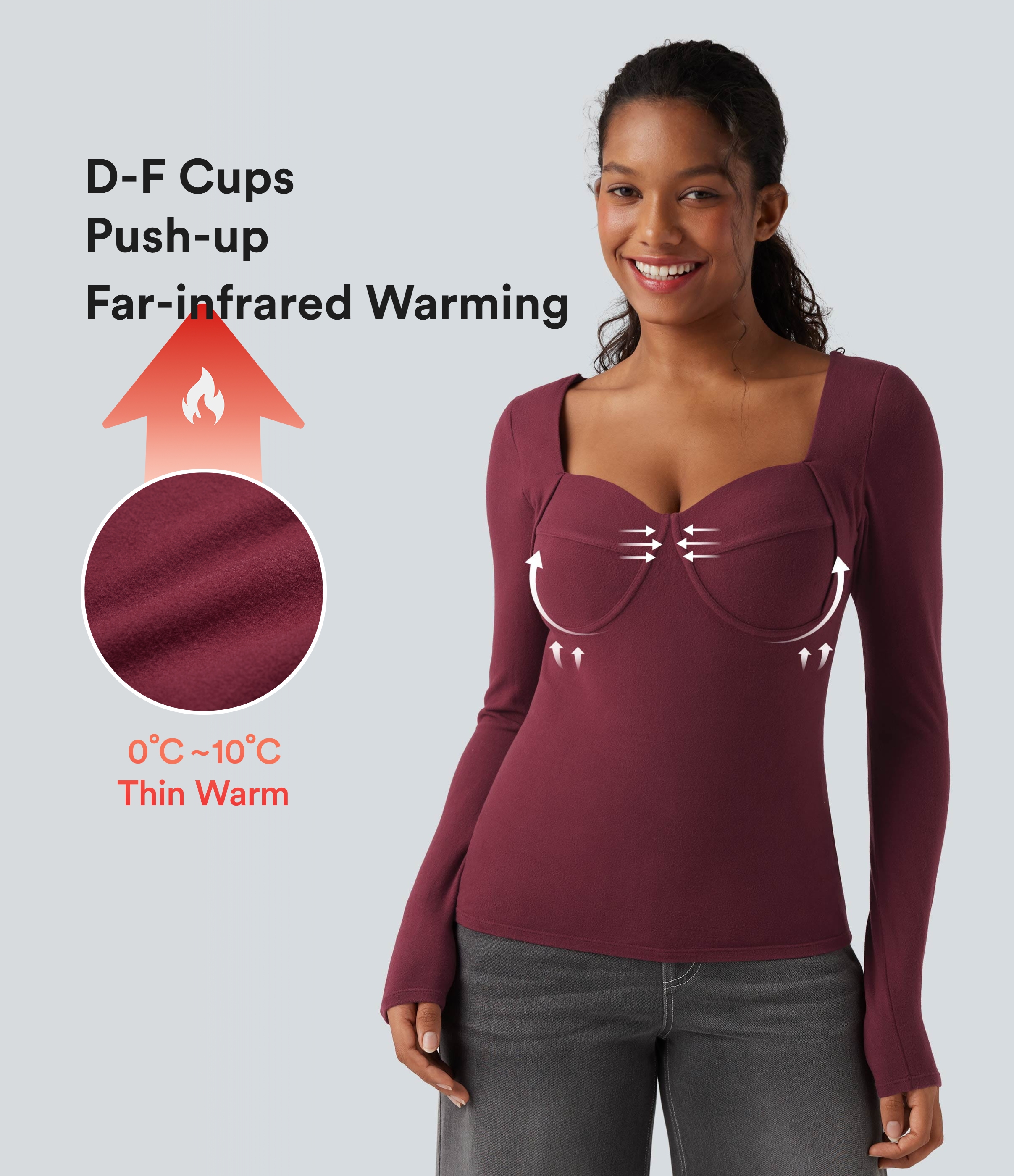 Top casual chaud push-up à col cœur et manches longues - Bonnet D/DD