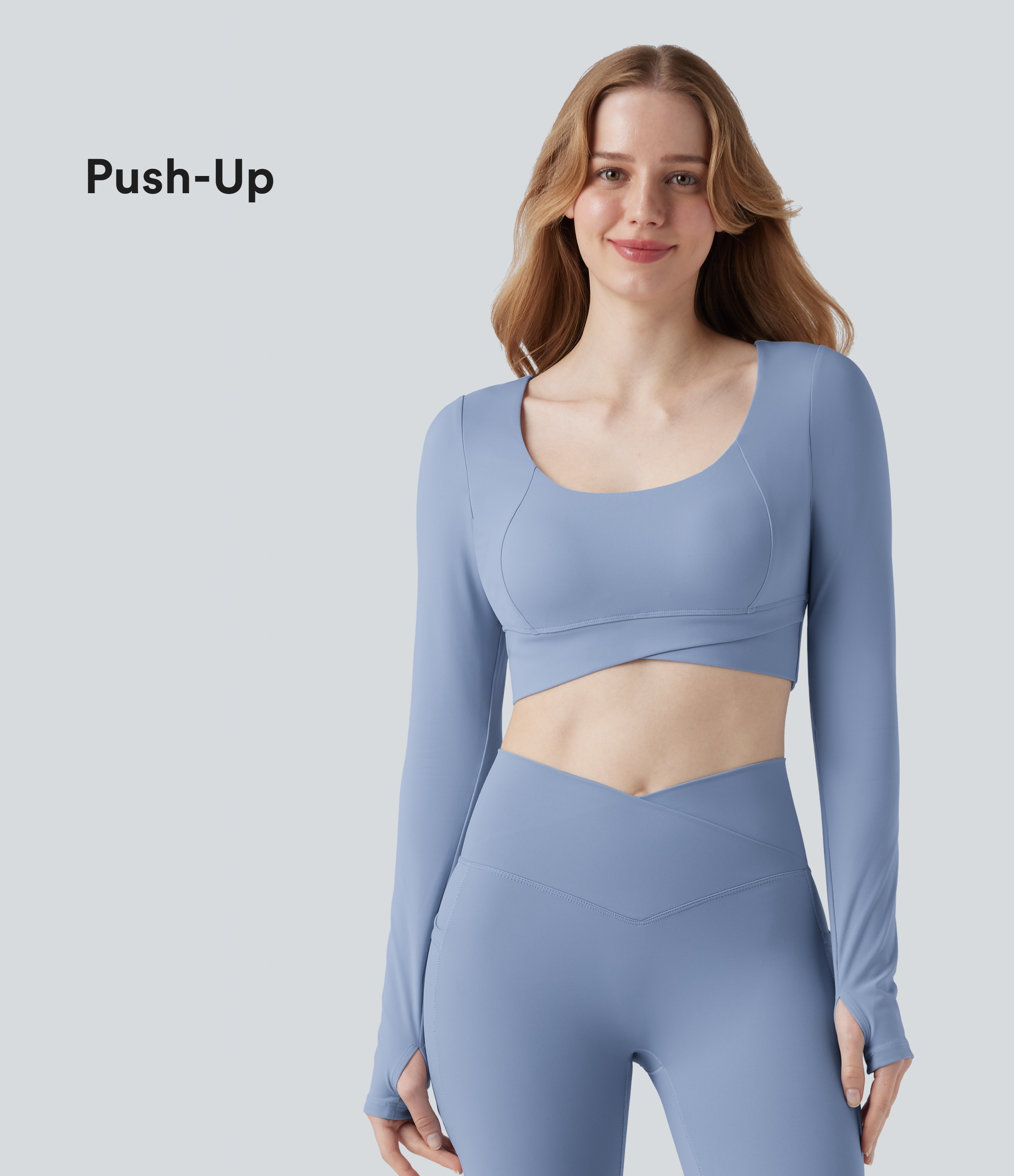 SoftlyZero™ Plush U Neck Push-Up Long Sleeve Thumb Hole Crossover Hem Cropped Yoga Sports Top