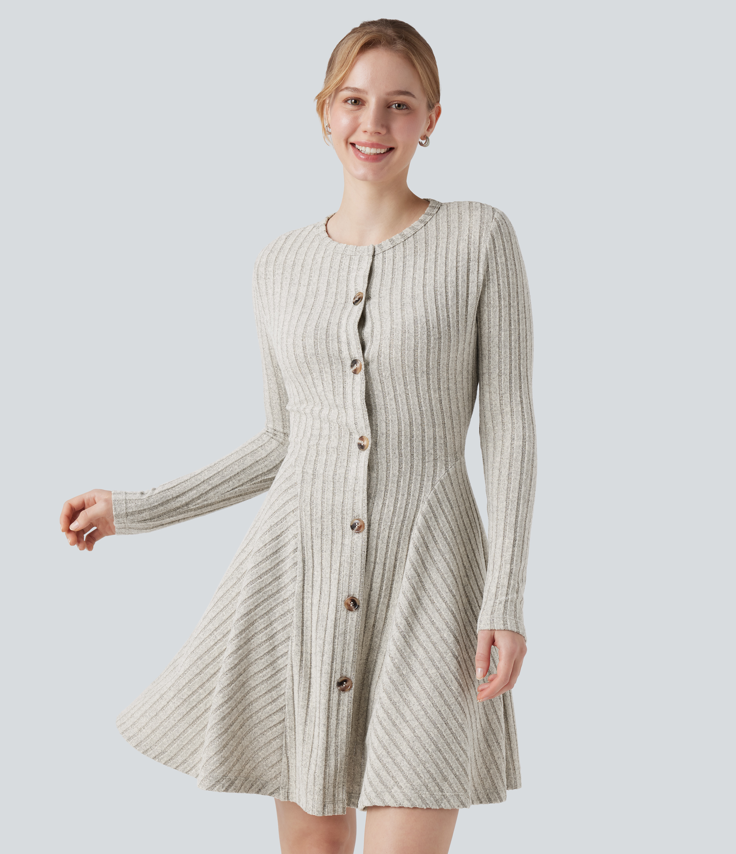 Ribbed Knit Round Neck Long Sleeve Flare Mini Casual Dress