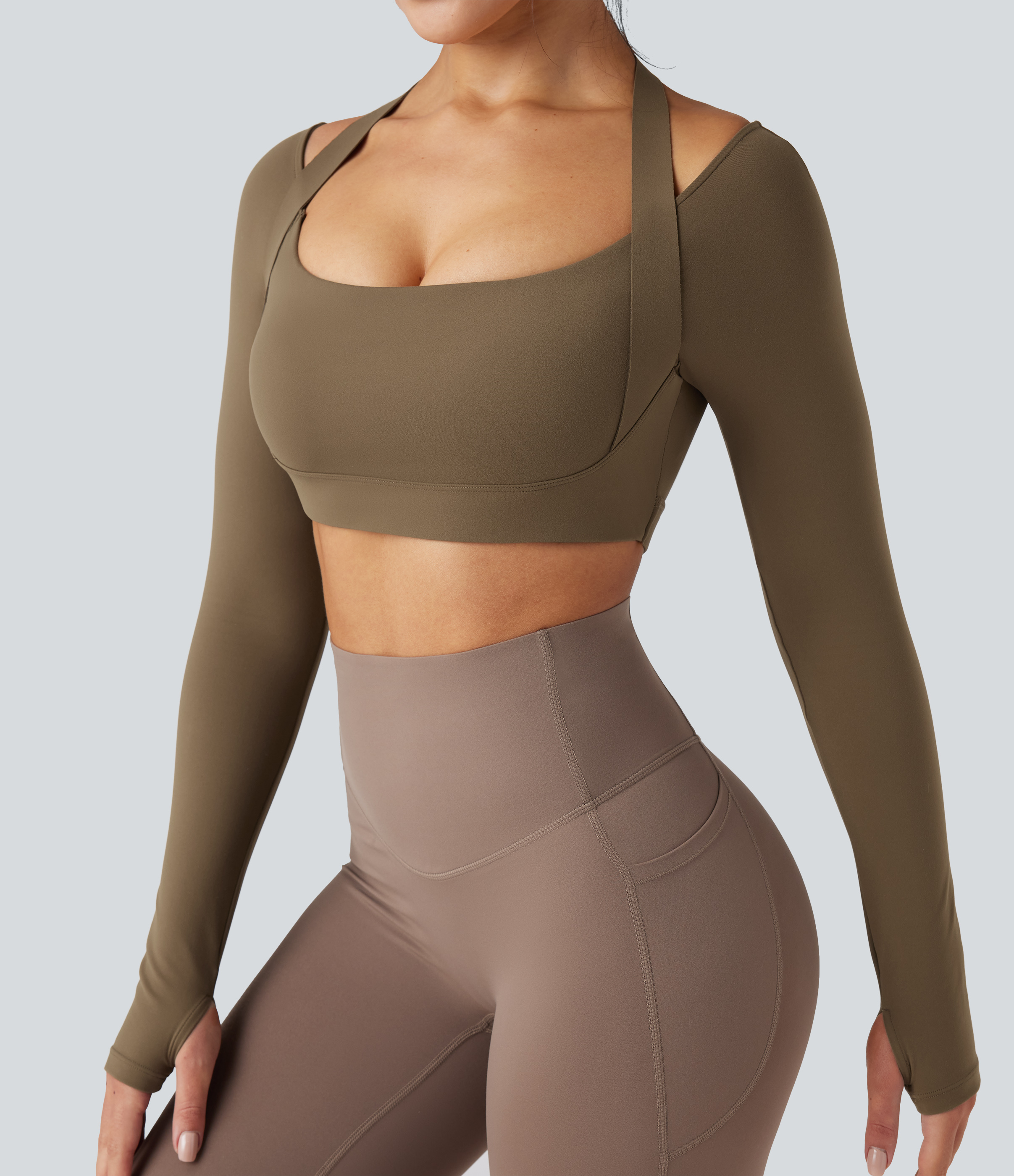 SoftlyZero™ Plush Adjustable Halter Long Sleeve Thumb Holes Cropped Yoga Sports Top